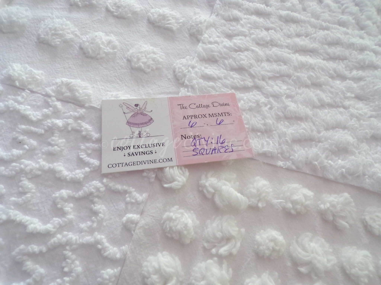 White Chenille Quilt Squares Set, "Serene Snowdrifts" from Vintage Bedspread Fabric, 16 Blocks, 6" inch