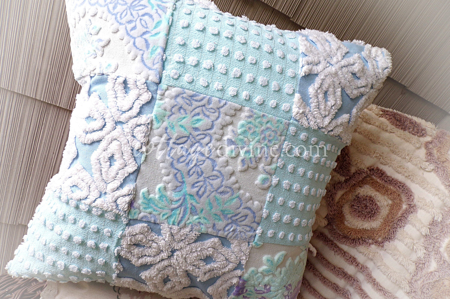 Coastal Chic Velvet & Chenille Pillow Cover 16" x 16" inch Square, REVERSIBLE Patchwork Accent Pillow from Vintage Chenille Bedspread Fabric