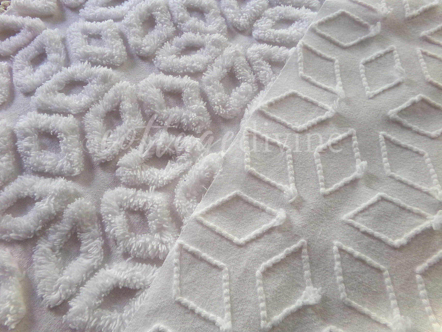 Snowflake Wedge White Vintage Chenille Fabric, 27" x 24" Piece, Snowy Geometric Wedge Daisy Design
