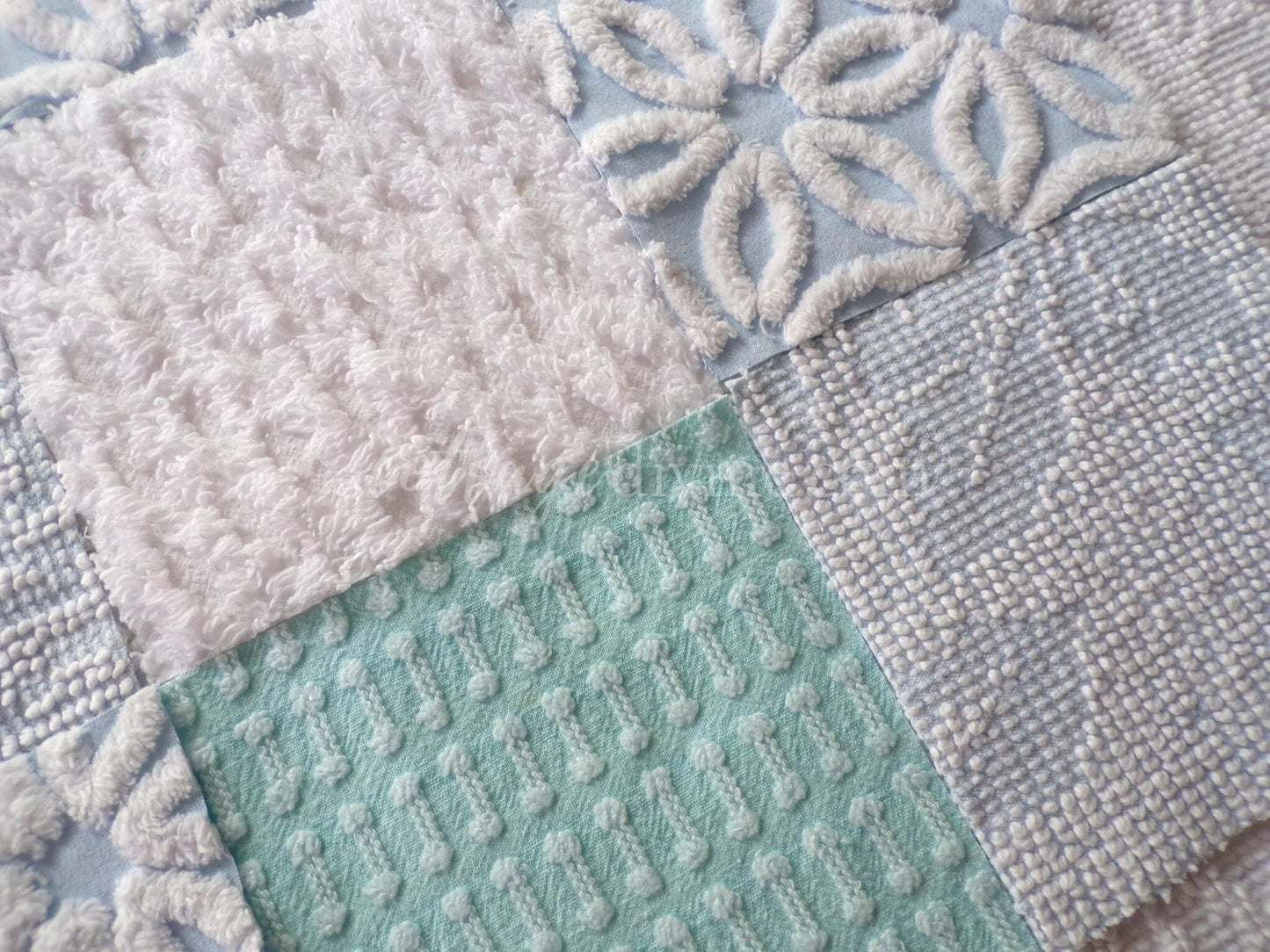Barefoot on the Beach Chenille Quilt Squares Set from Vintage Bedspread Fabric, 16 Blocks, 6" x 6" inch, Coastal Blues & White