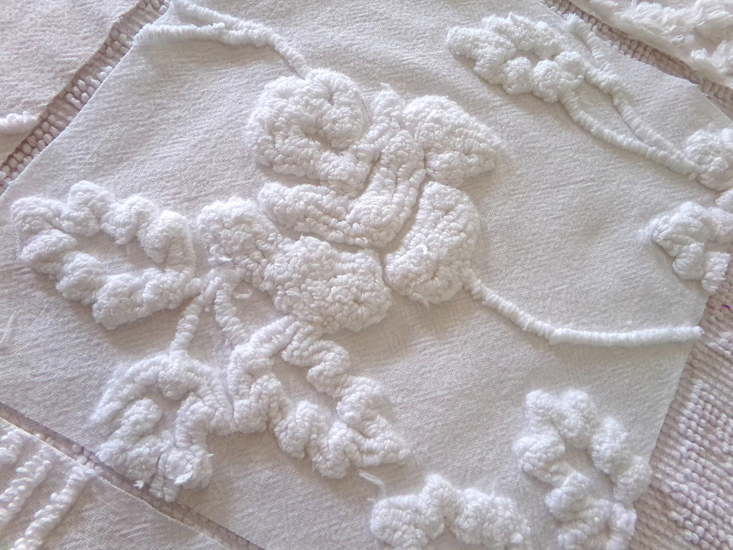 vintage rose 9.5" chenille fabric squares, set of 6 white quilt blocks, elegant ivy & geometric prints for sewing, crafts