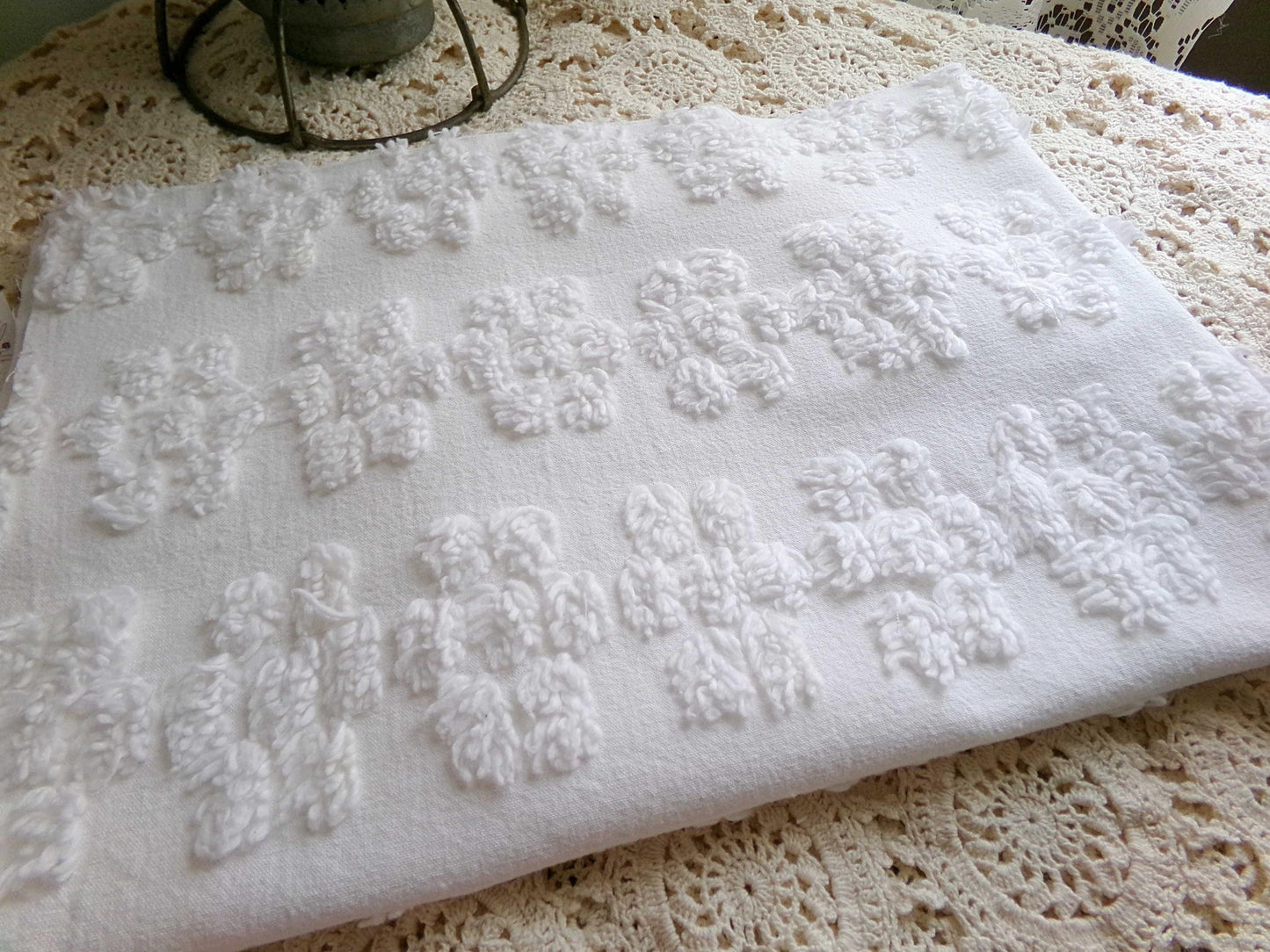 Cute Chenille Fabric Shabby Daisy Print, vintage style versatile white sewing material, 18" x 26" inches