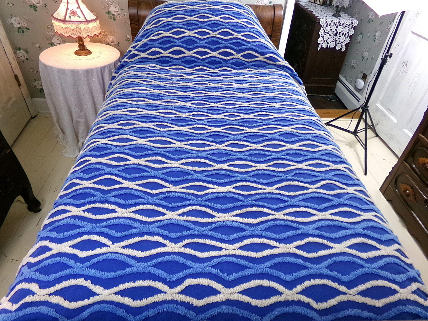 blue flame vintage chenille bedspread, dramatic unique geometric design, full size cotton bedding