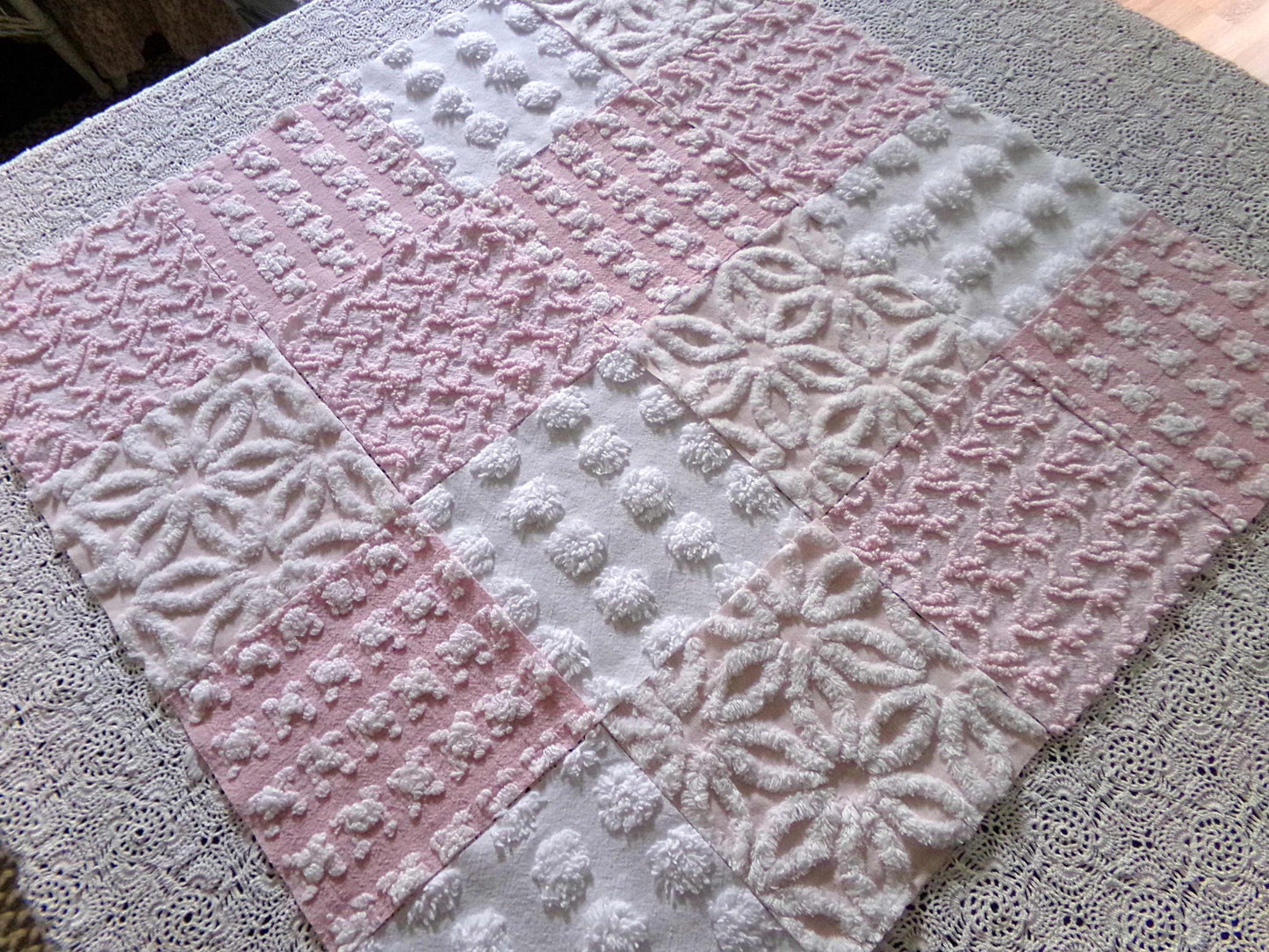 Whispertone Pink Quilt Squares Set from Vintage Chenille Bedspread Fabric, 16 Blocks, 6" x 6" inch