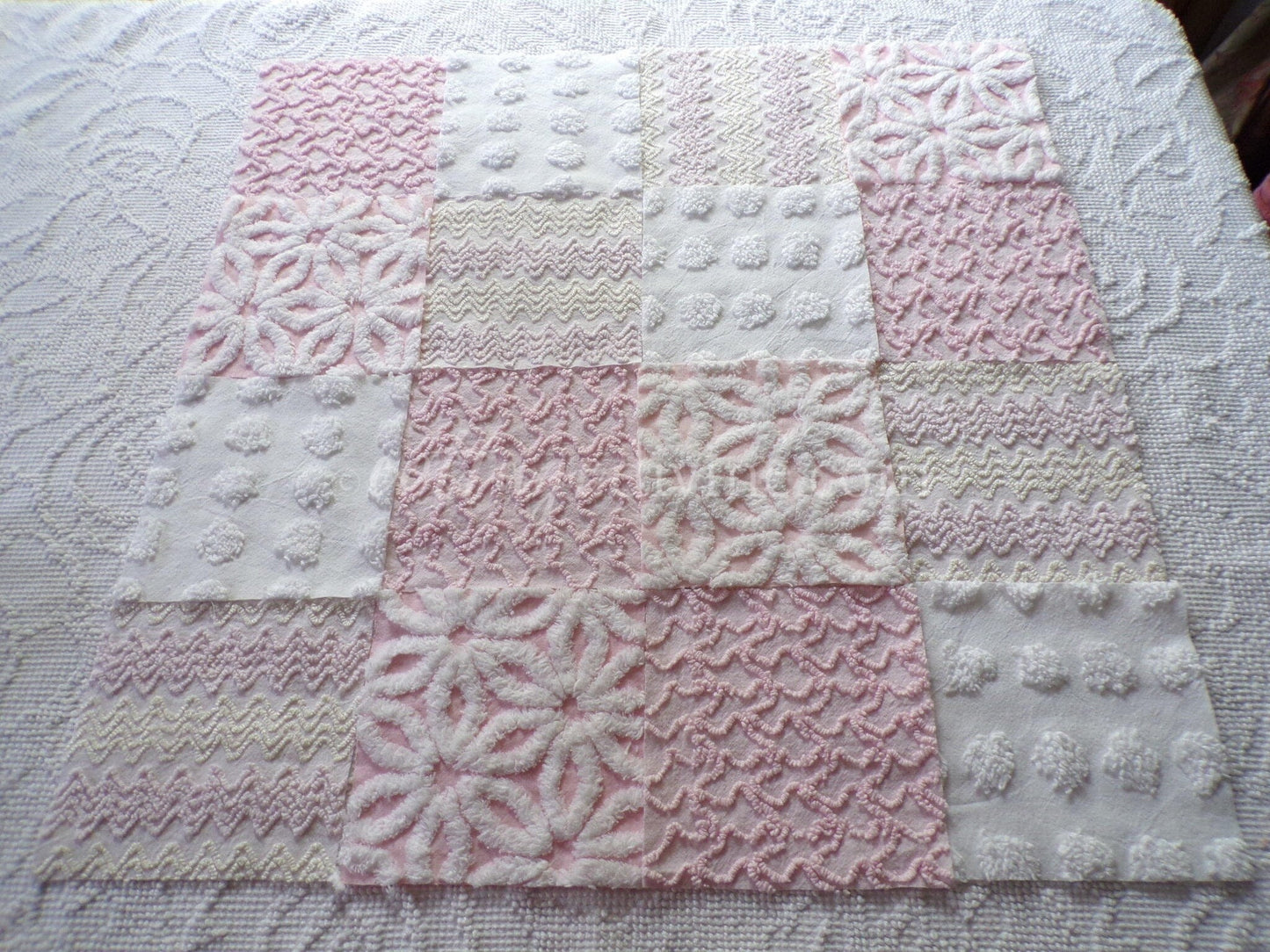 Dainty Pinks Chenille Quilt Squares Set from Vintage Bedspread Fabric, 16 Blocks, 6" x 6" inch