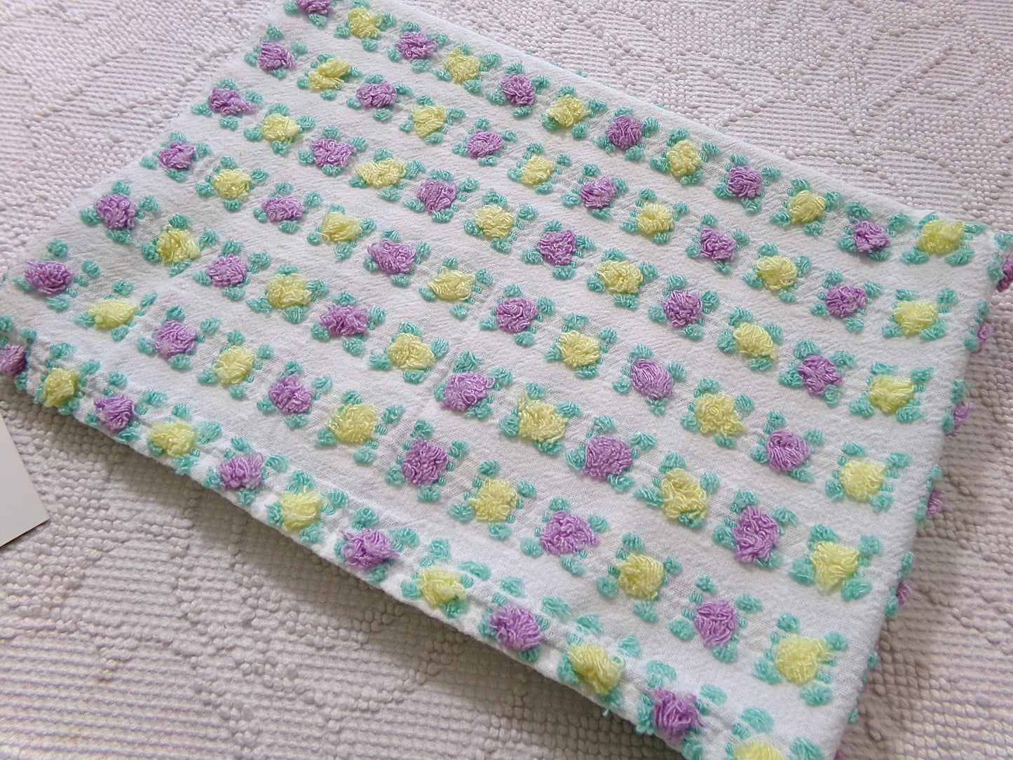 Rare Jewel Rosebud Vintage Chenille Fabric w/ Yellow & Amethyst Roses, 17" x 24" Cut Piece of Sewing, Quilt Material