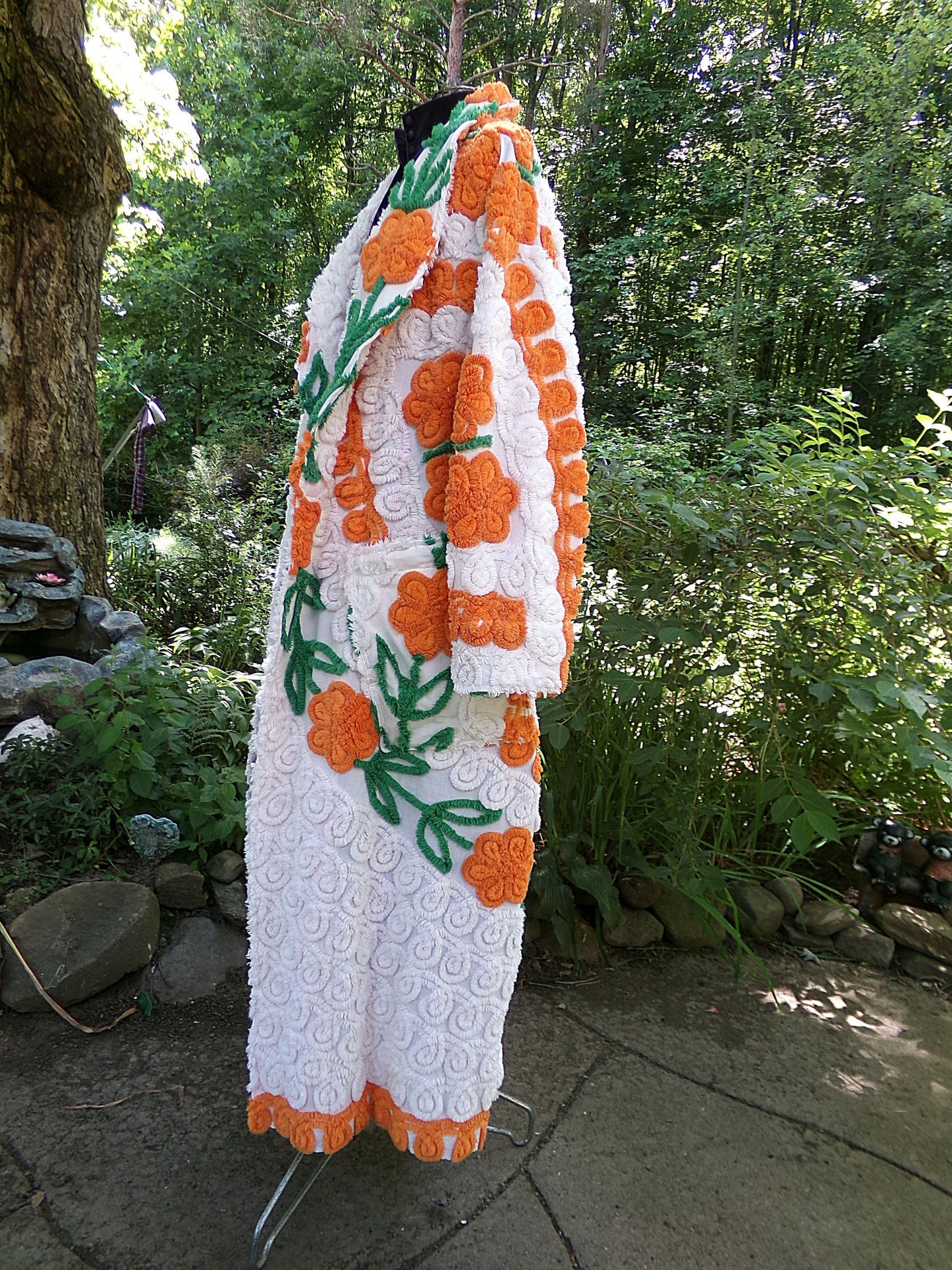 Plush & Warm Women's Chenille Robe, "Citrus Dreams" Bathrobe Upcycled from Vintage Chenille Bedspread Fabrics, Size L XL 1X