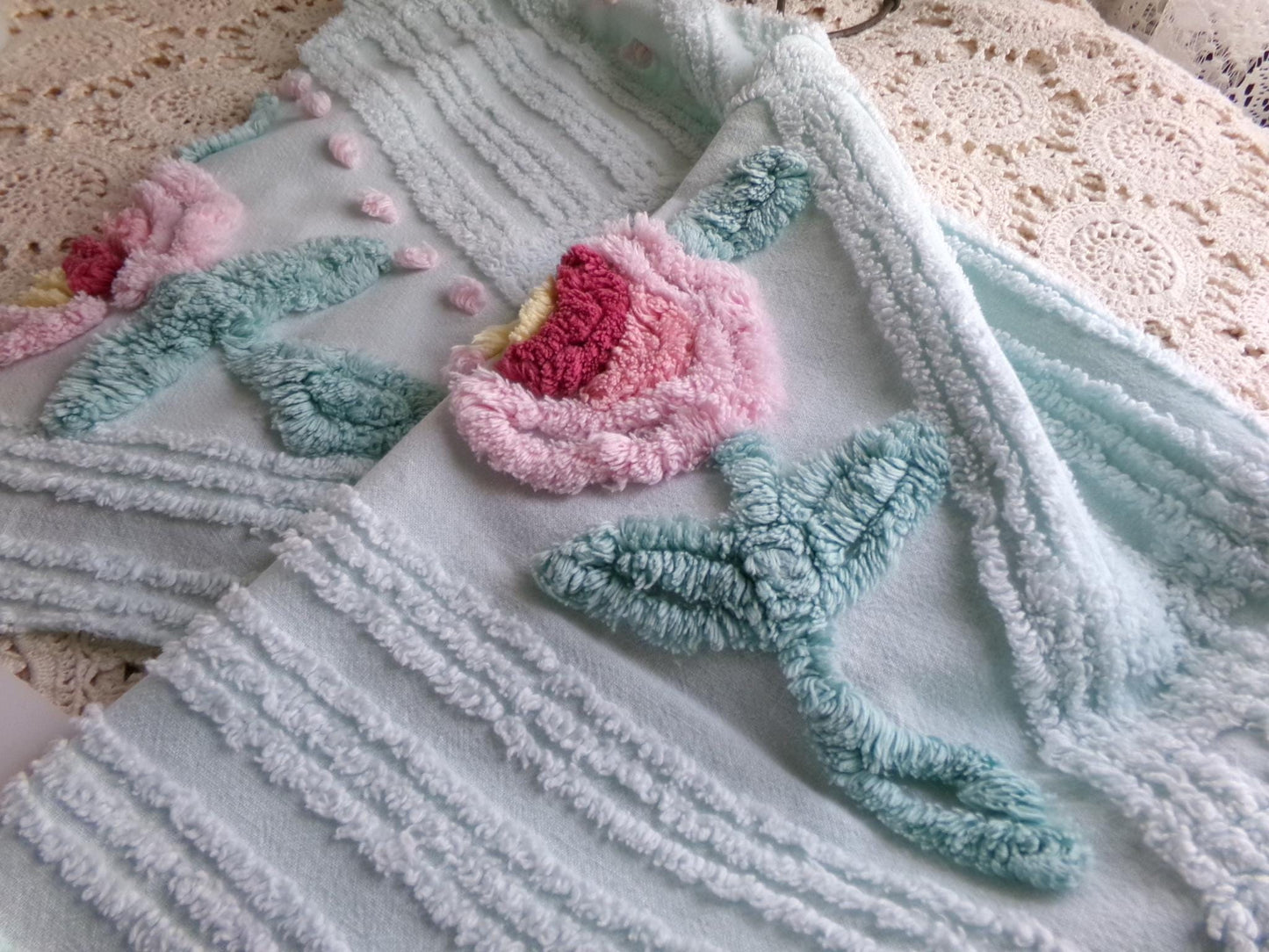 Rose Aqua Mist Vintage Chenille Fabric, 25" x 24" Piece, 100% Lightweight Cotton, Lovely Simple Floral Geometric Design