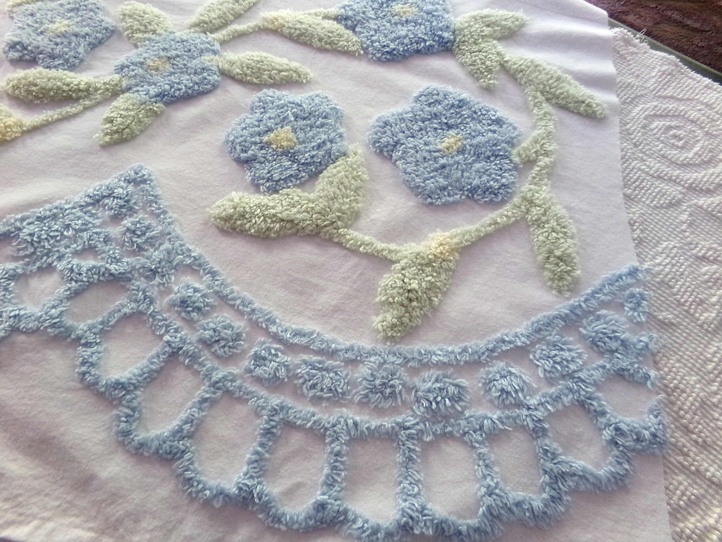 Blooming Blue Flowers Vintage Style Chenille Fabric, 24" x 28" inch Piece, 100% Cotton with Plush Florals, Great for Pillows