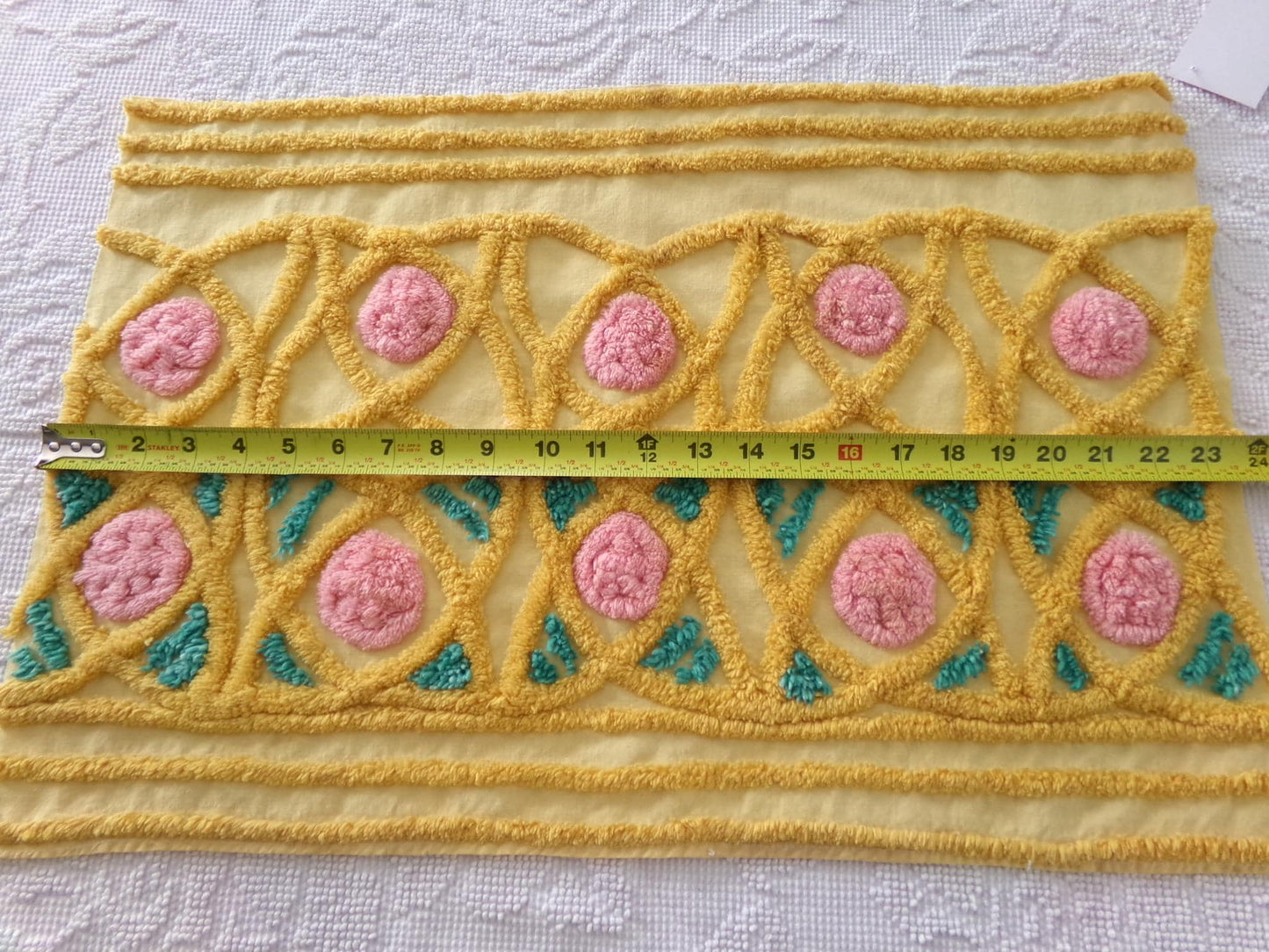 fairytale rose vintage chenille material, lovely quilt fabric, or for pillows, wall hangings, 15" x 23" piece, golden yellow & pink roses