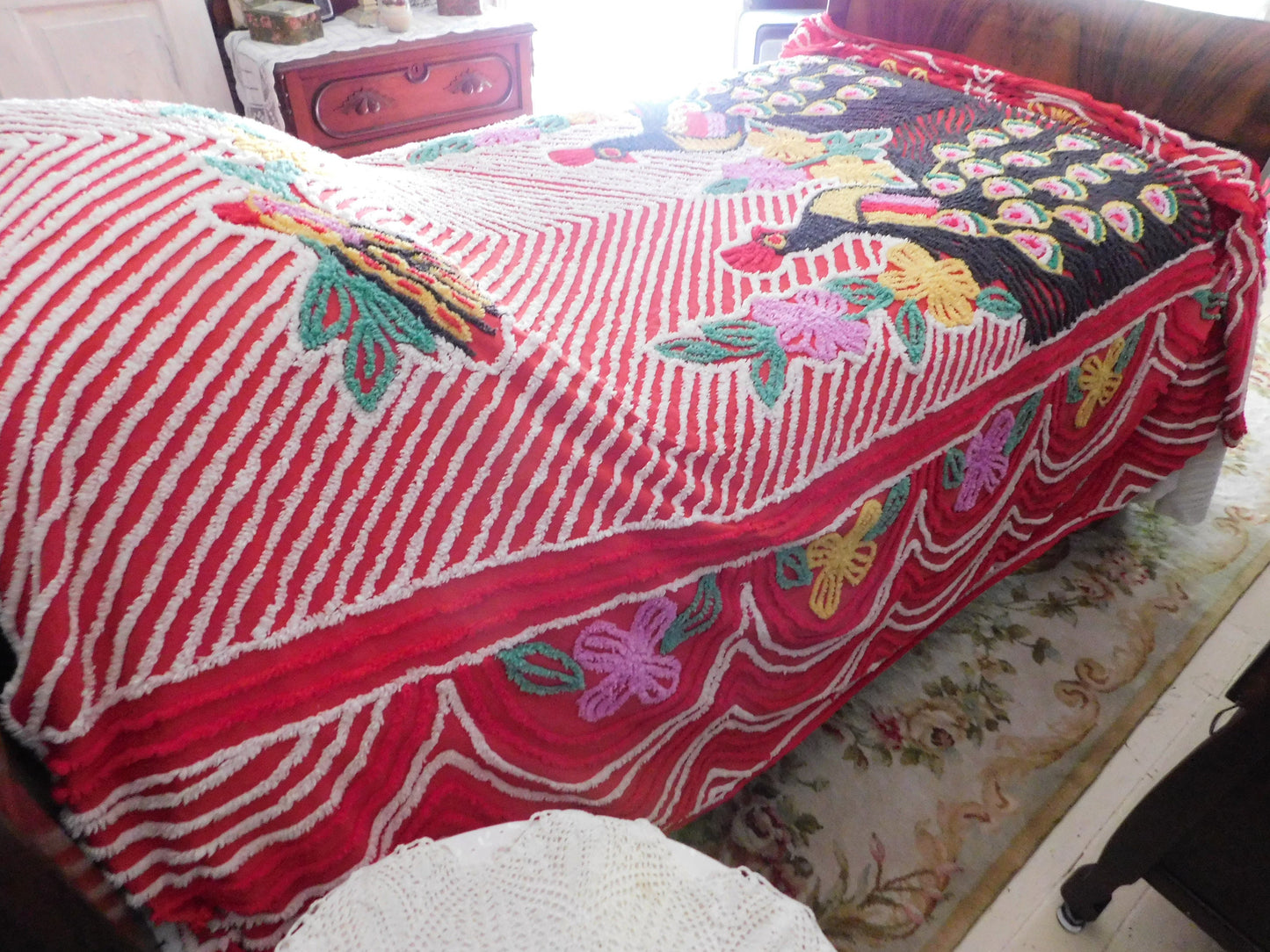 Vivid Red Peacock Vintage Chenille Bedspread, Rainbow Lovebirds with Gothic Black Feathers, 100% Cotton Full Size Bedding