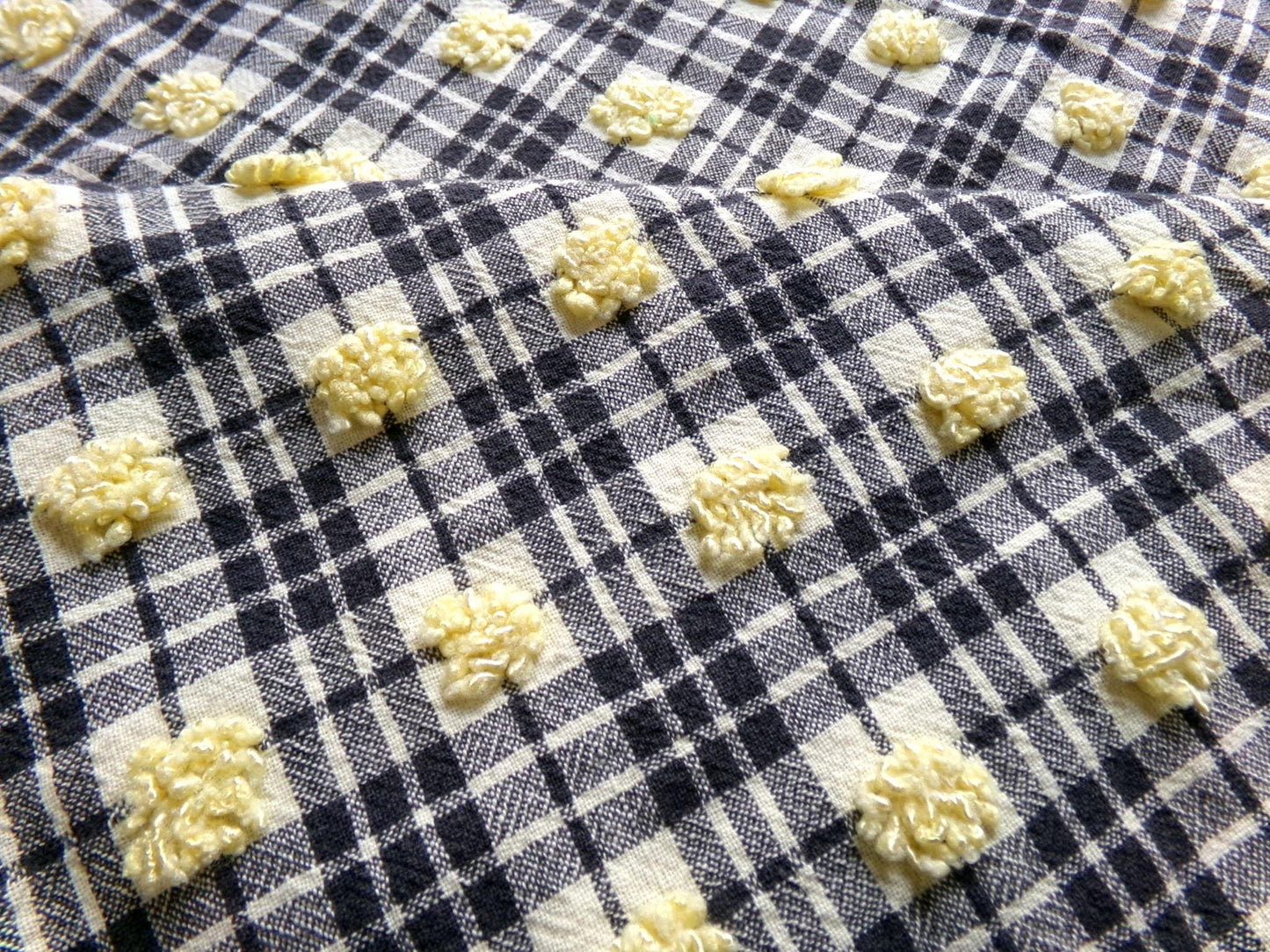 unique black plaid vintage chenille fabric, 18" x 24" piece of sewing material w/ yellow pops