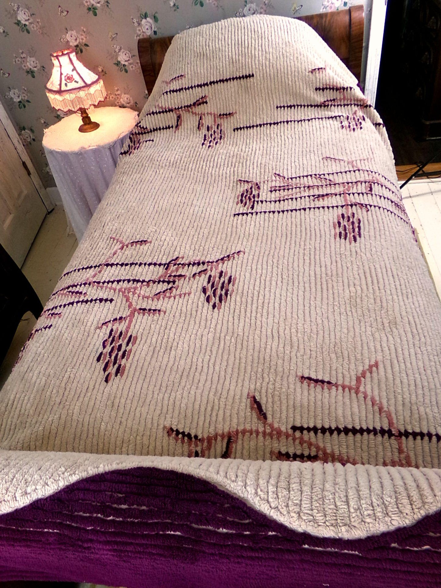 Shabby Cattails Vintage Chenille Bedspread in Art Deco Design, Honey Beige & Wine Twin Size Antique Bedding, #2