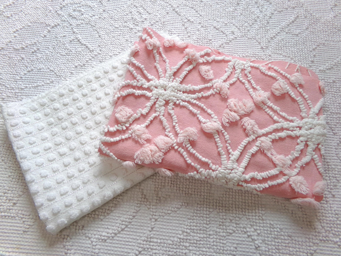 Vintage Chenille Fabric Bundle in Pink & White, 2 Pieces 12" x 18" each | Great Stash Builder for Fiber Arts, Crafting