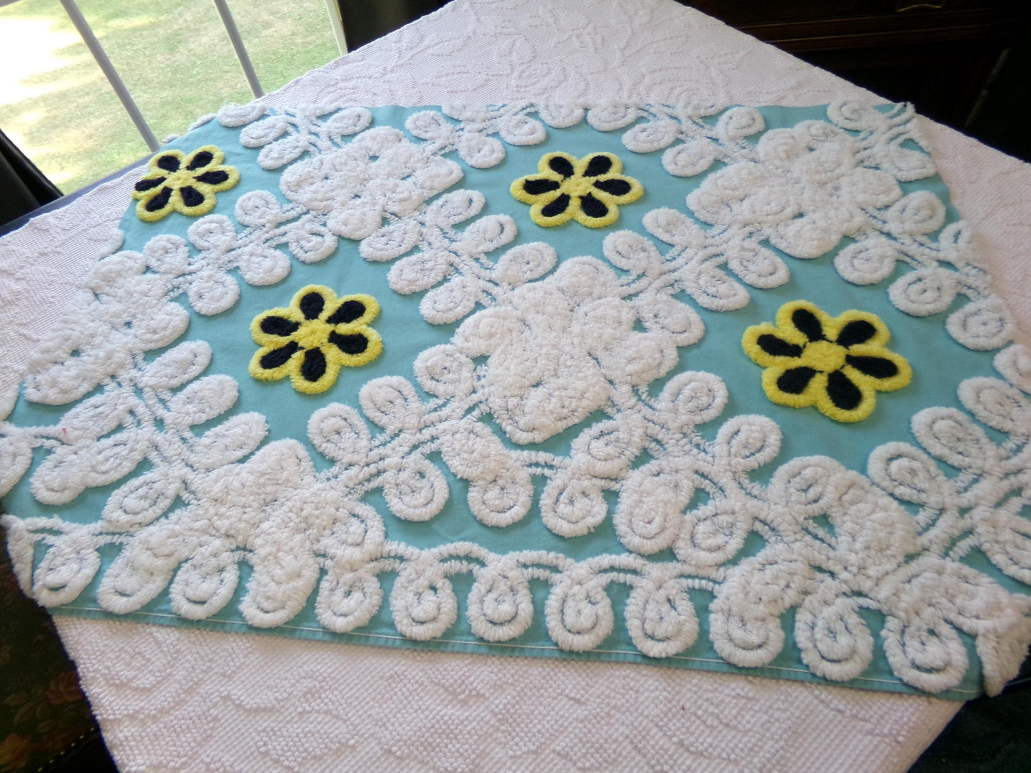beach chic vintage chenille fabric, bubble white, seaglass blue, 21" x 30" piece of cotton sewing material for crafts, quilts, pillows