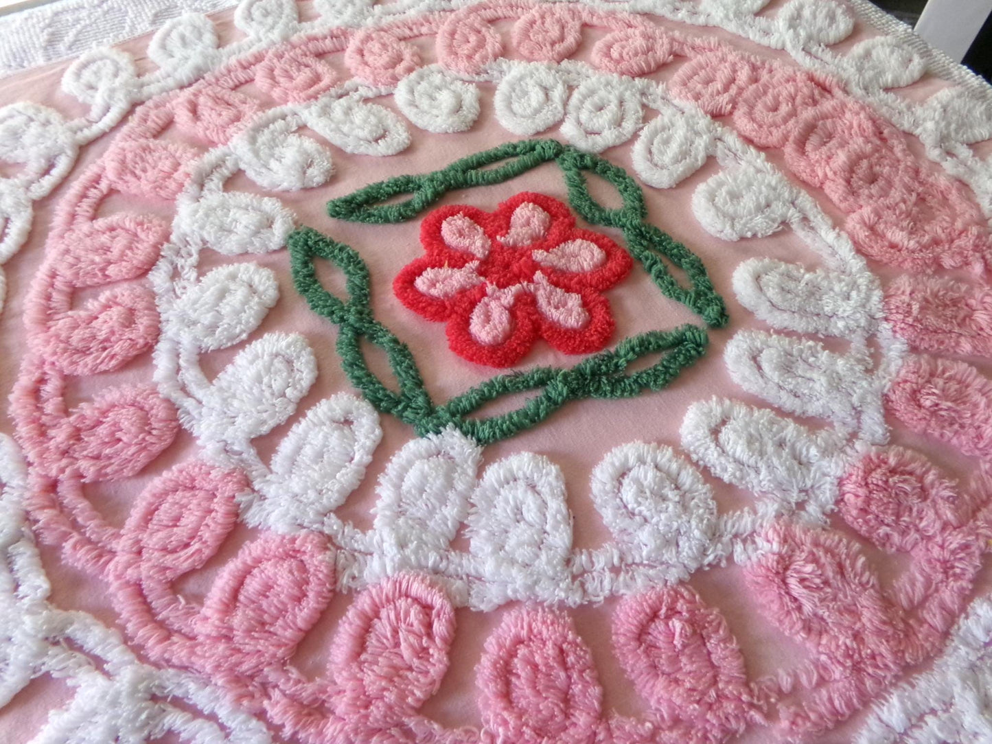 frosted pink cupcake vintage chenille fabric, iced wedding cake design with rose flower, 21" x 30" inch piece of sewing material