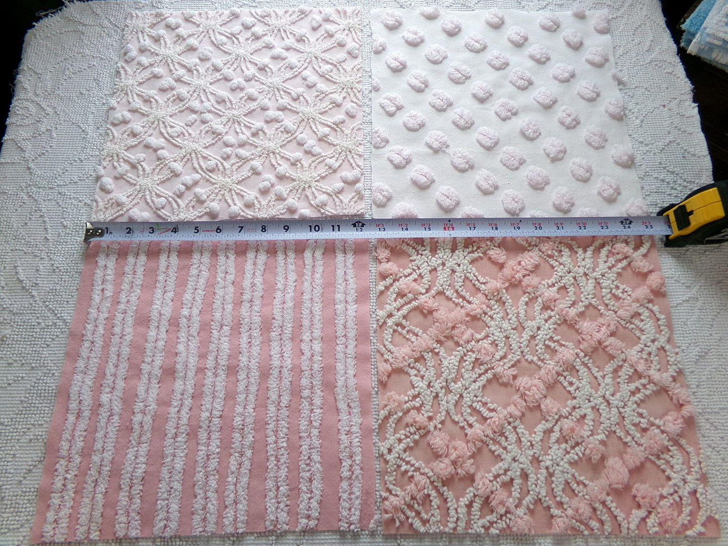 love pink chenille fabric squares, set of 4 texturized vintage large quilt blocks 12" inches ea, spider ring, pops, stripes, infinity tuft