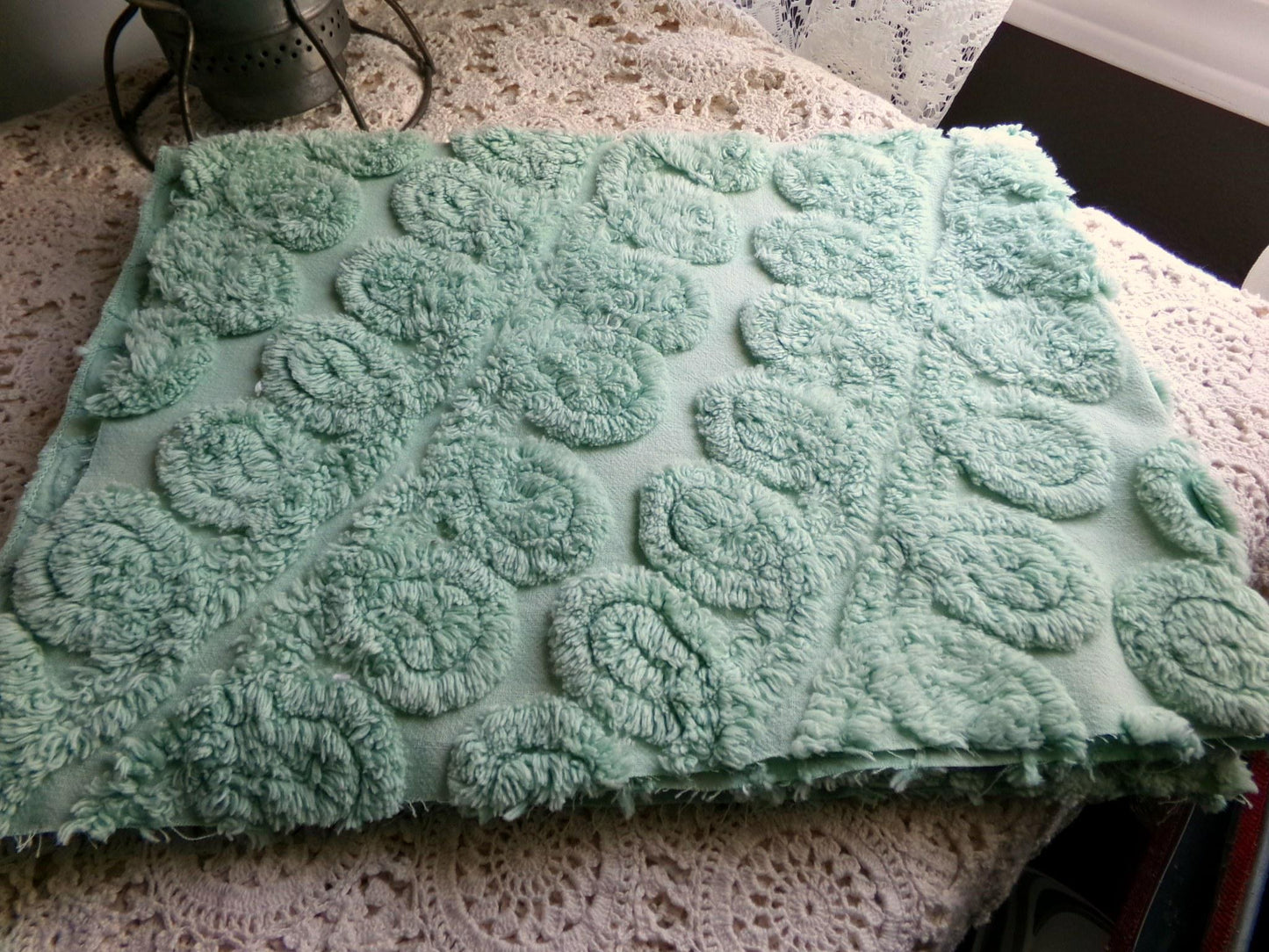 Fluffy Mint Ice Cream Swirl Vintage Chenille Fabric, Plush 20" x 26" inch piece in looping curlicues pattern