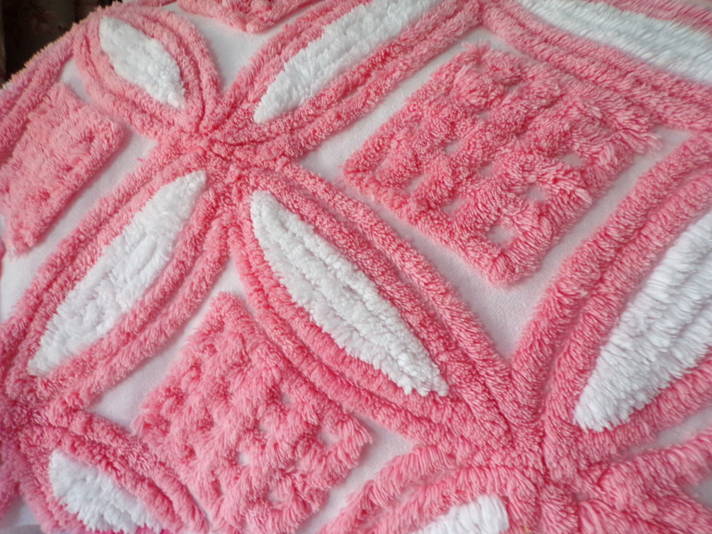 Super Plush Pink & White Chenille Fabric, 18" x 24"-inch Piece, Geometric Print, Vintage 100% Cotton