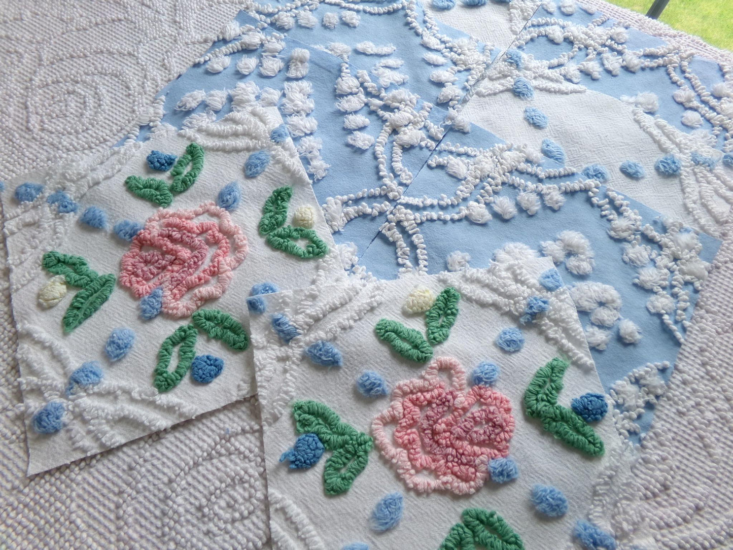winter rose chenille fabric squares, set of 8 vintage 7.5" quilt blocks, blue & white geometric, pink floral for sewing, crafts, quilting