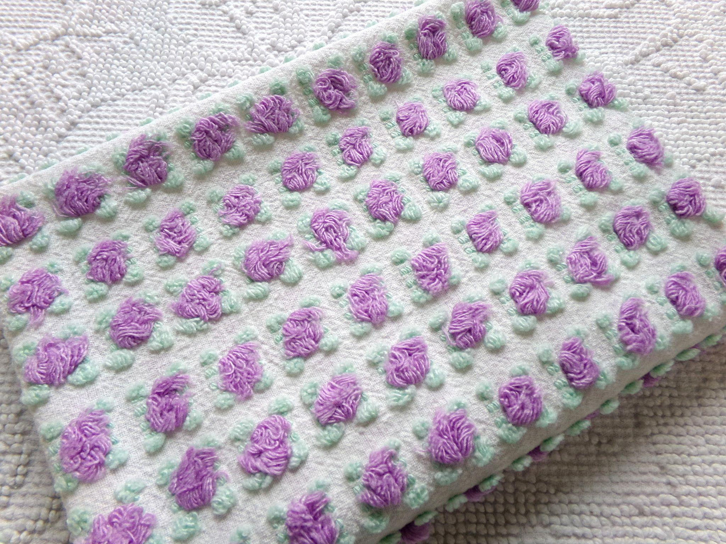 divine amethyst purple rosebud chenille fabric, rare vintage 18" x 25" piece of Morgan Jones sewing material for quilts, pillows, crafts
