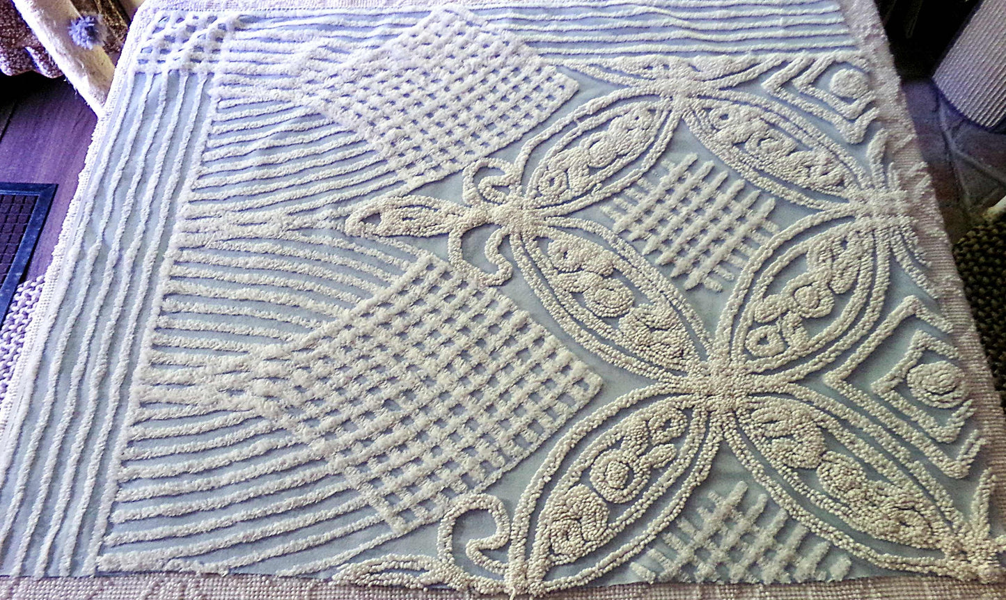 Shabby Chic Vintage Fabric, Porcelain White Rose Floral Chenille on Cloud Blue Cotton, 24" x 30" inch Piece, So Pretty in Pillows & Quilts