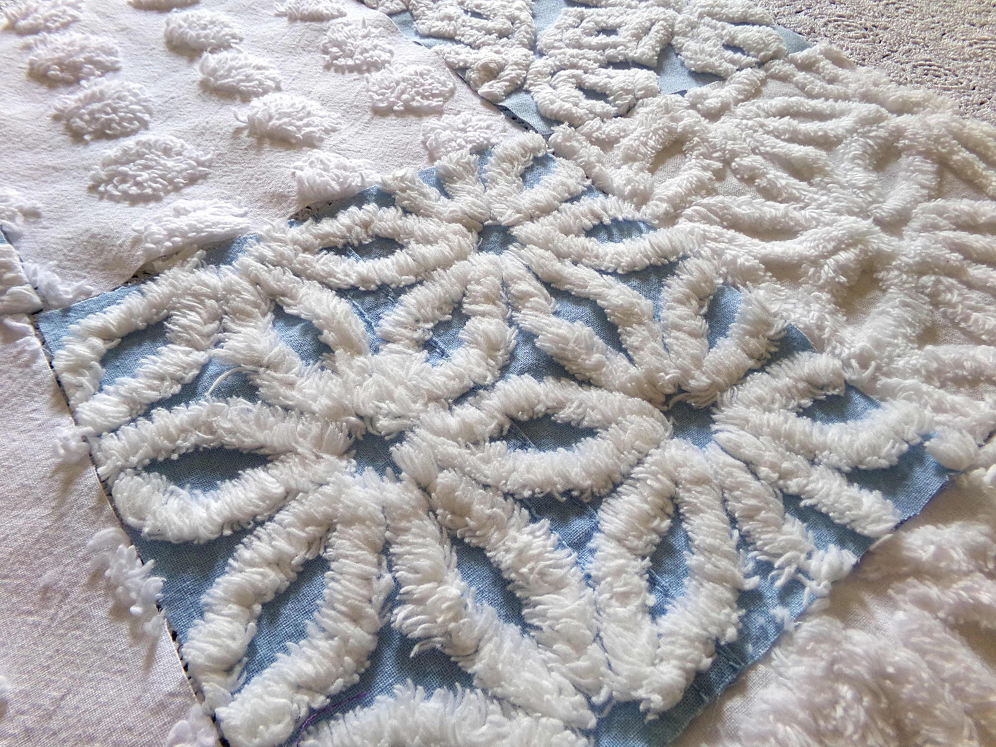 Breezy Blue & White Chenille Fabric Squares Set, 16 Vintage Quilt Blocks, 6" x 6" inches each, for Quilting, Sewing, DIY Pillows