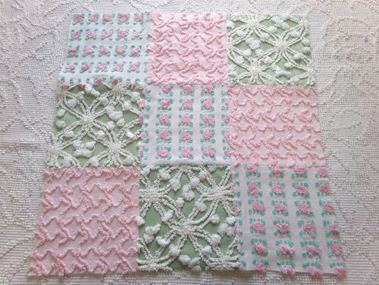 Cottage Style Vintage Patchwork Chenille Fabric Craft Panel - 16" square perfect for Pillows, Quilting & Home Decor Projects