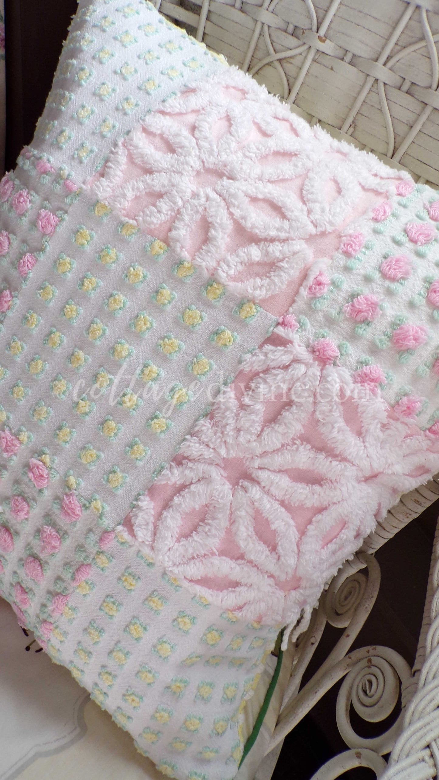 Daisy Rose Cottage Chic Chenille Pillow Cover 16" x 16" inch Square, Vintage REVERSIBLE Accent Pillow, Pink & Yellow Patchwork Design