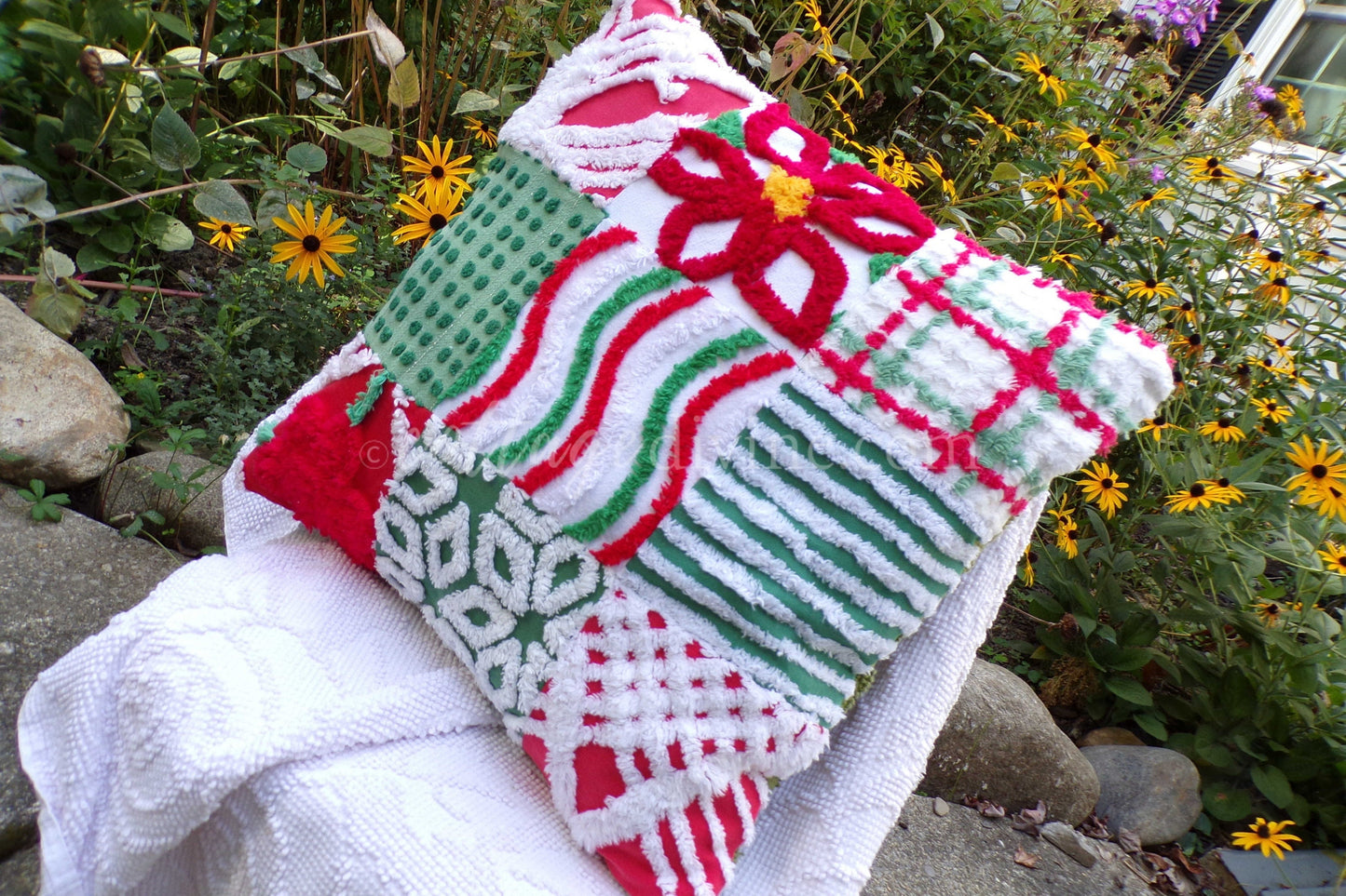 Christmas Patchwork Chenille Pillow Cover 16" x 16" inch Square, REVERSIBLE Accent Pillow Designed from Vintage Chenille Bedspread Fabric