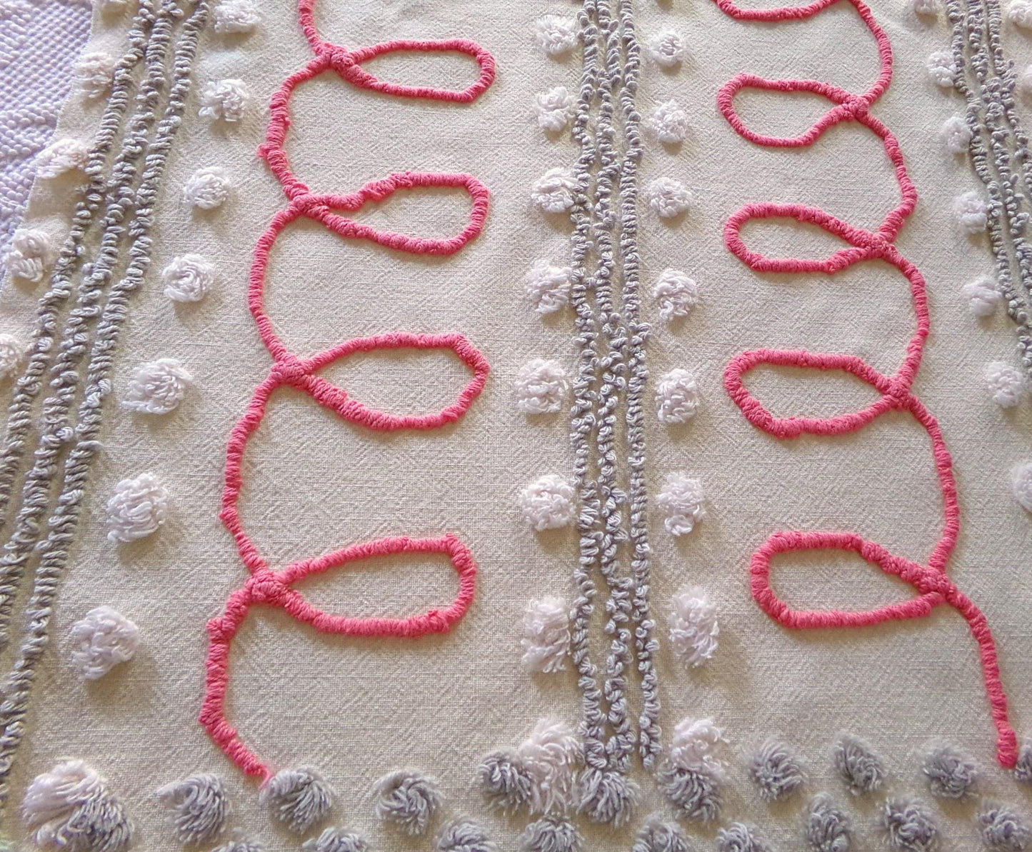 red doodles sewing fabric, retro design with grey pops on buttercream, 18" x 24" inch piece cut from a vintage chenille bedspread
