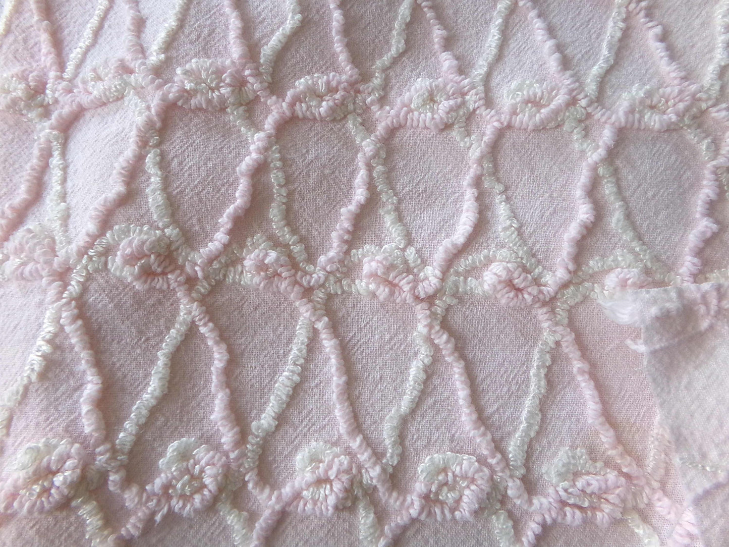 Eternity Knots Vintage Chenille Fabric Material, 19" x 26" inch Piece, Lovely Feminine Pastel Pink & Iridescent Vanilla Cream