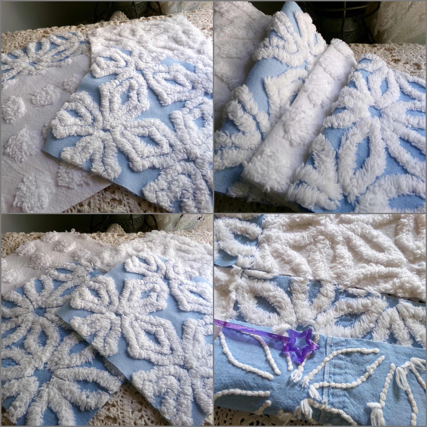 Breezy Blue & White Chenille Fabric Squares Set, 16 Vintage Quilt Blocks, 6" x 6" inches each, for Quilting, Sewing, DIY Pillows