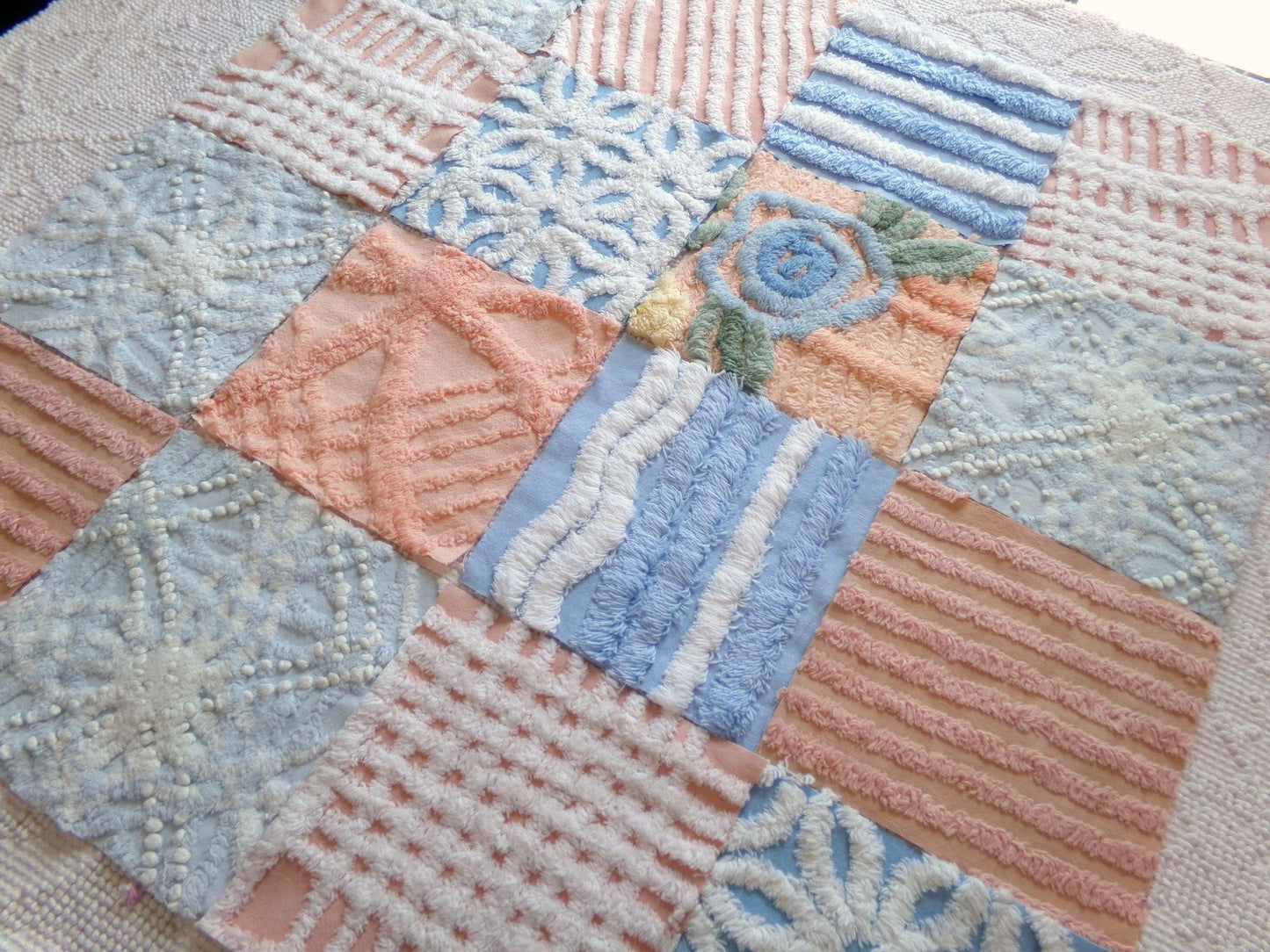 chenille 6" fabric squares, blue, peach & white plush quilt blocks, rotary cut from vintage chenille bedspreads, set of 16
