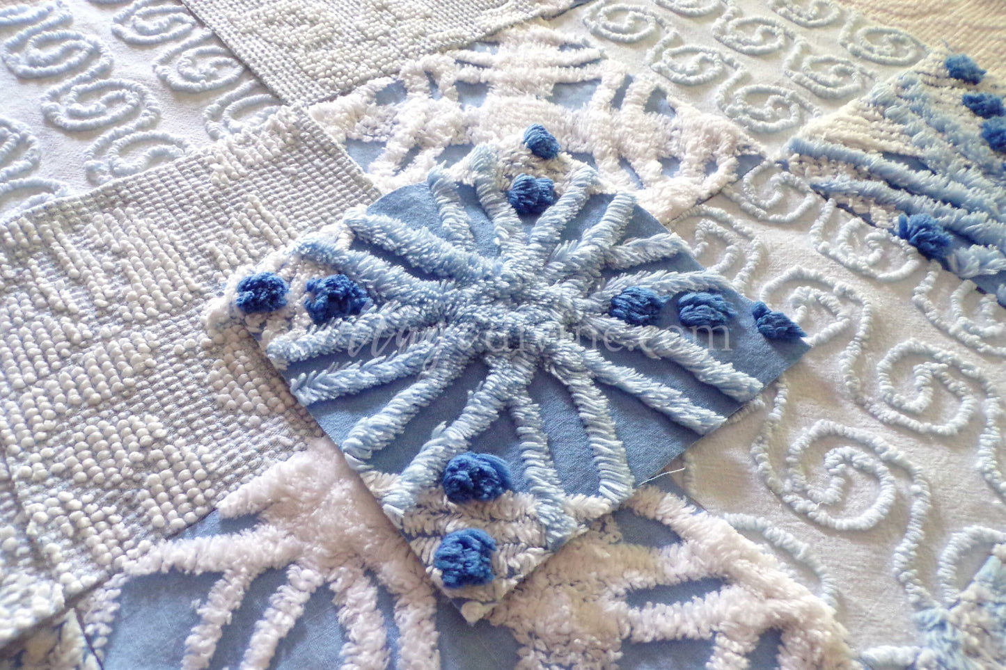 Boho Blues Fabric Squares Set, from Vintage Chenille Bedspread Fabrics, 16 Blocks, 6" x 6" inch