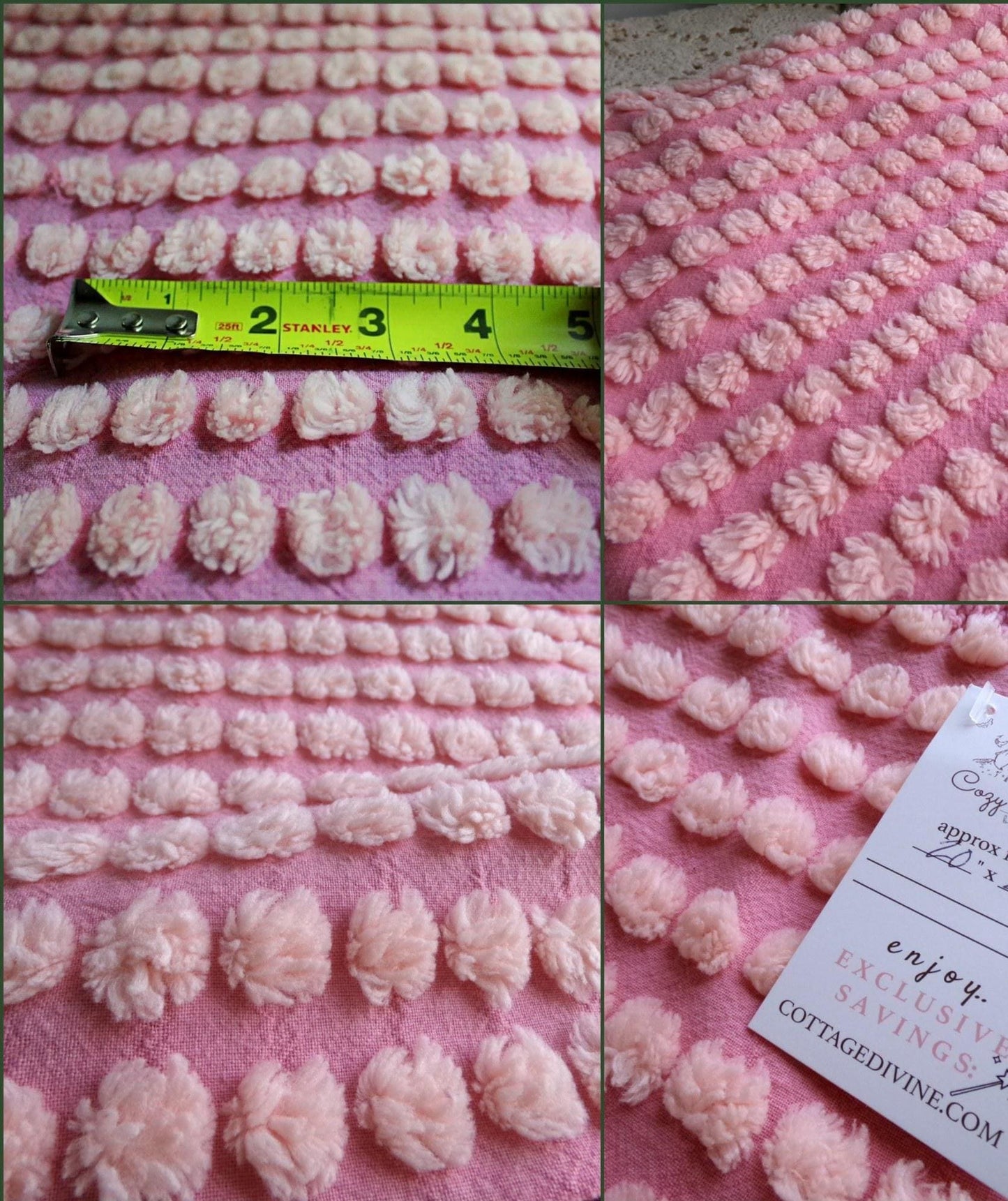 fluff puff pops chenille fabric, cute oversize bobbles on pink rose, 20" x 30" inch piece great for chenille quilts & sewing projects