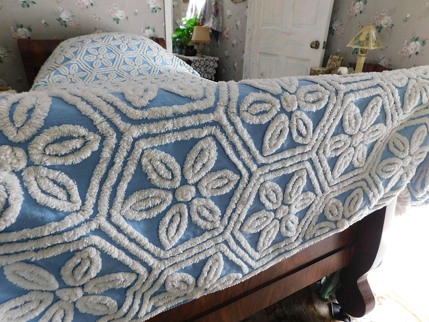Vintage Chenille Bedspread, White Daisy Hexagon Design on Sky Blue, Full Size 1950s Geometric Design, 100% Cotton
