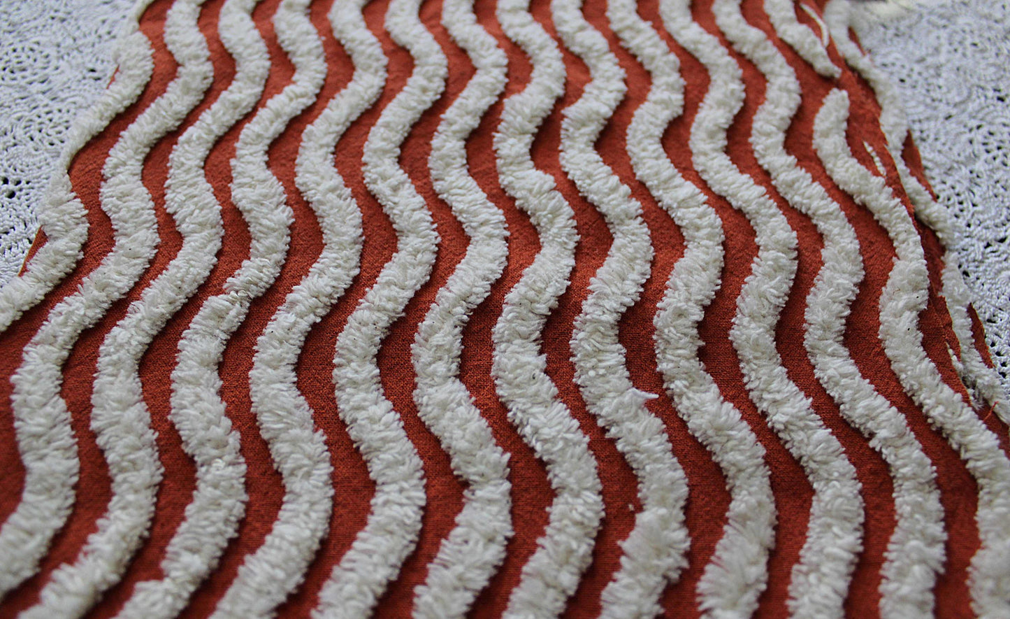 Rich Rust & White Ripple Stripes Vintage Chenille Fabric, 18" x 24" inch Piece, Great for Boho Quilts, DIY Pillows, Junk Journals