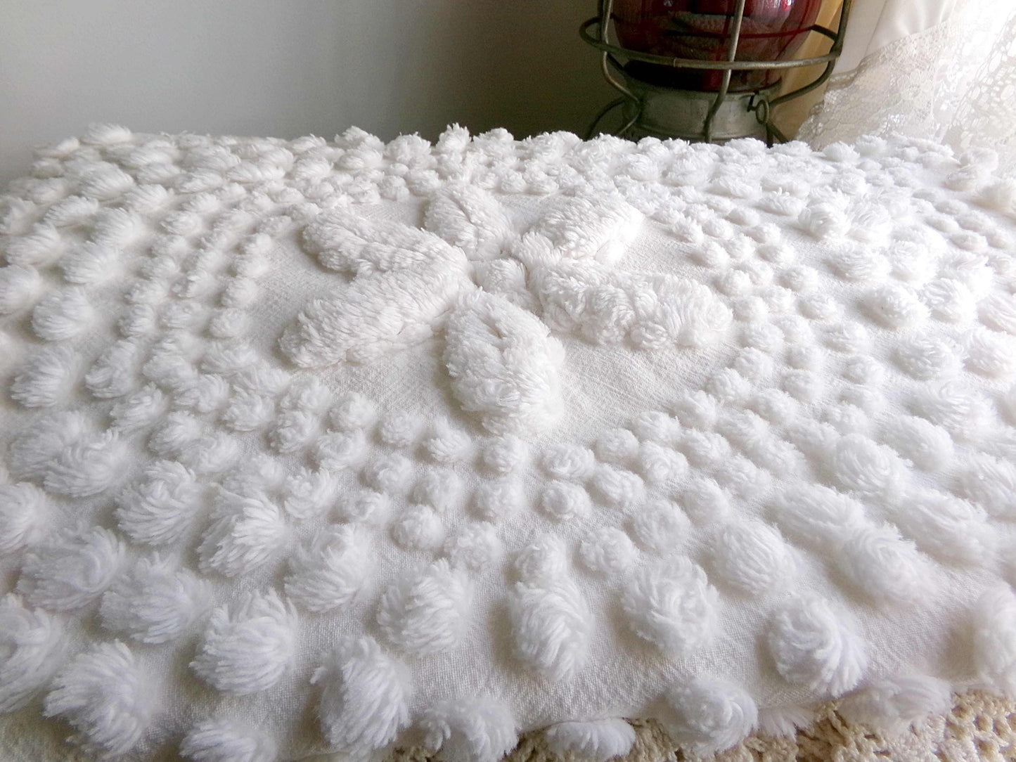 sweet stars 3D vintage chenille fabric, 100% cotton antique white sewing material for pillows, handmade chenille quilts, 28" x 18" cut piece
