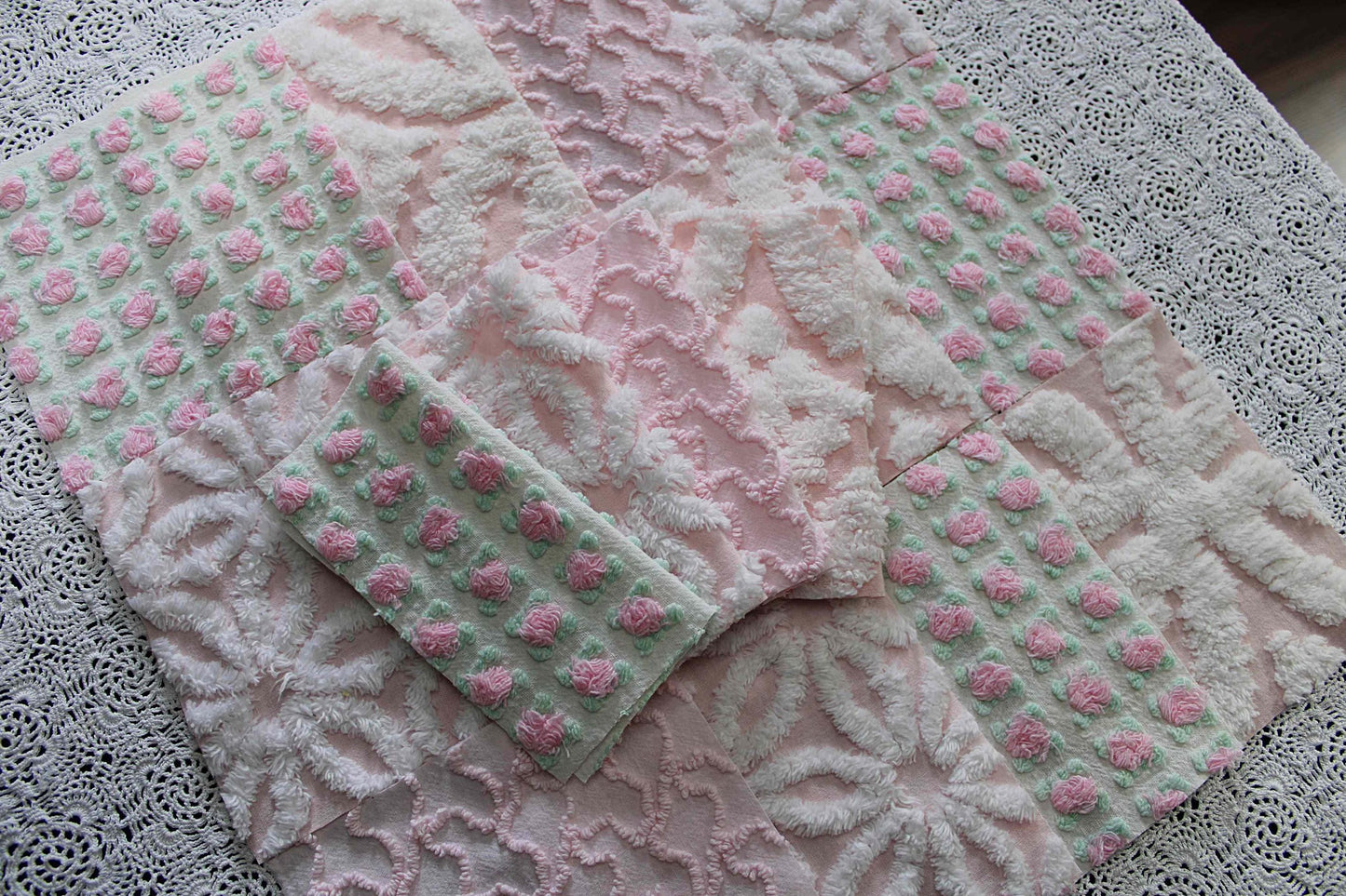 fairy pink chenille fabric squares, cottage rosebud & daisy, 16 vintage quilt blocks 6" x 6" inch, for patchwork pillows, quilting, crafts