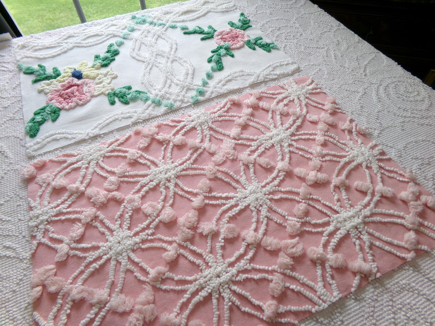 Cottage Style Vintage Chenille Fabric Bundle for Sewing, Quilting in Pink Floral, White & Green | 2 Pieces 12" x 18" each