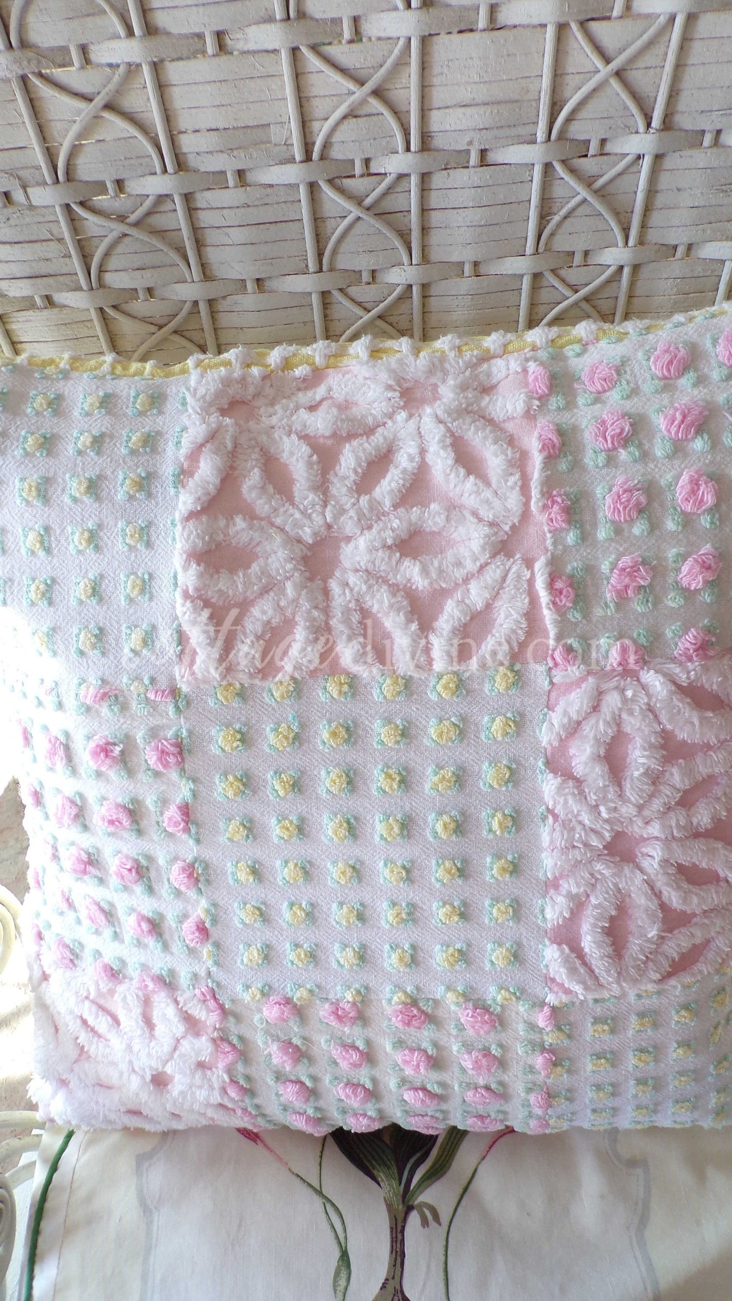 Daisy Rose Cottage Chic Chenille Pillow Cover 16" x 16" inch Square, Vintage REVERSIBLE Accent Pillow, Pink & Yellow Patchwork Design