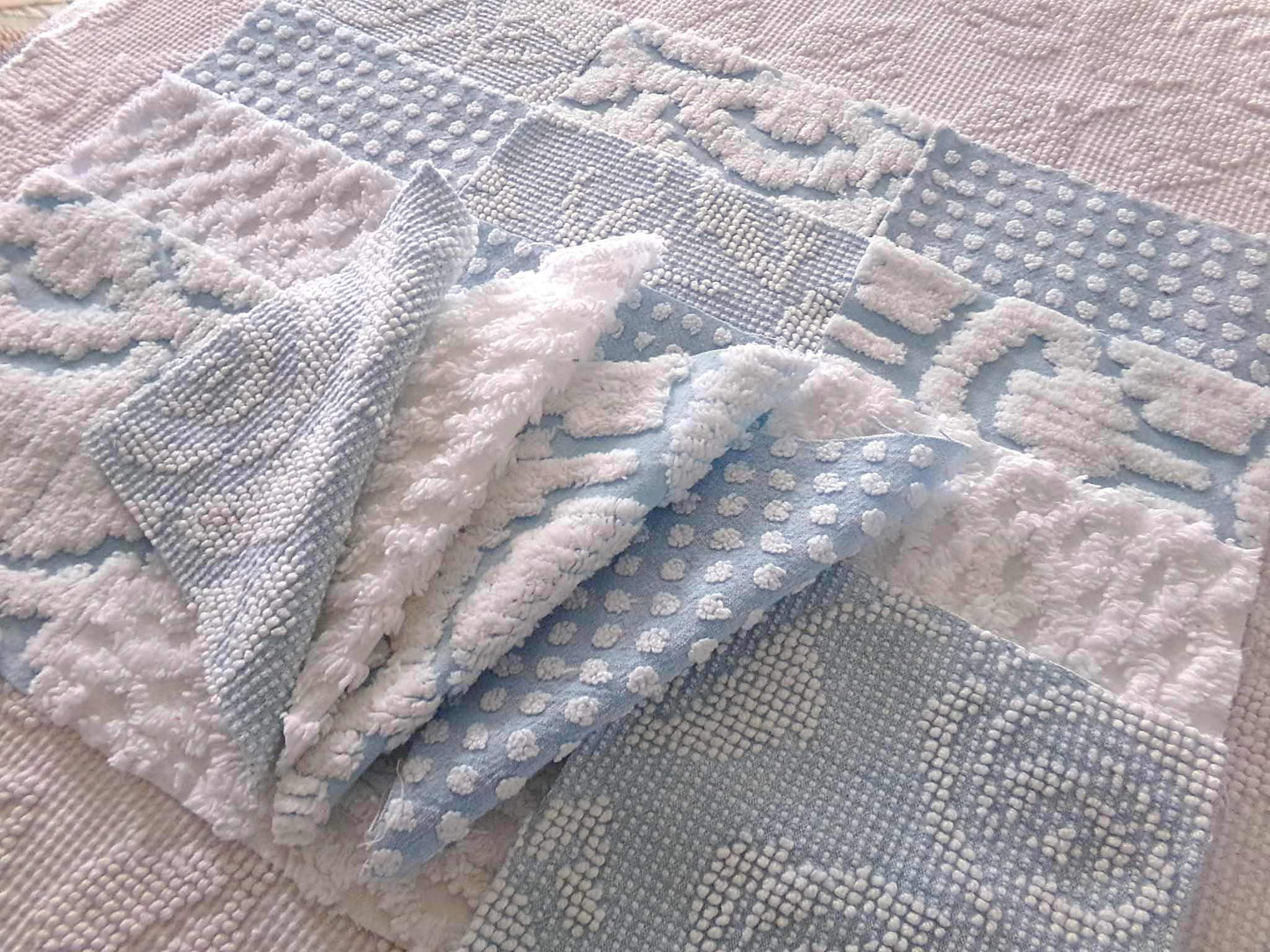 seaside chill chenille fabric squares, 16 vintage blue & white quilt blocks 6" x 6" inch, for pillows, quilting, crafts