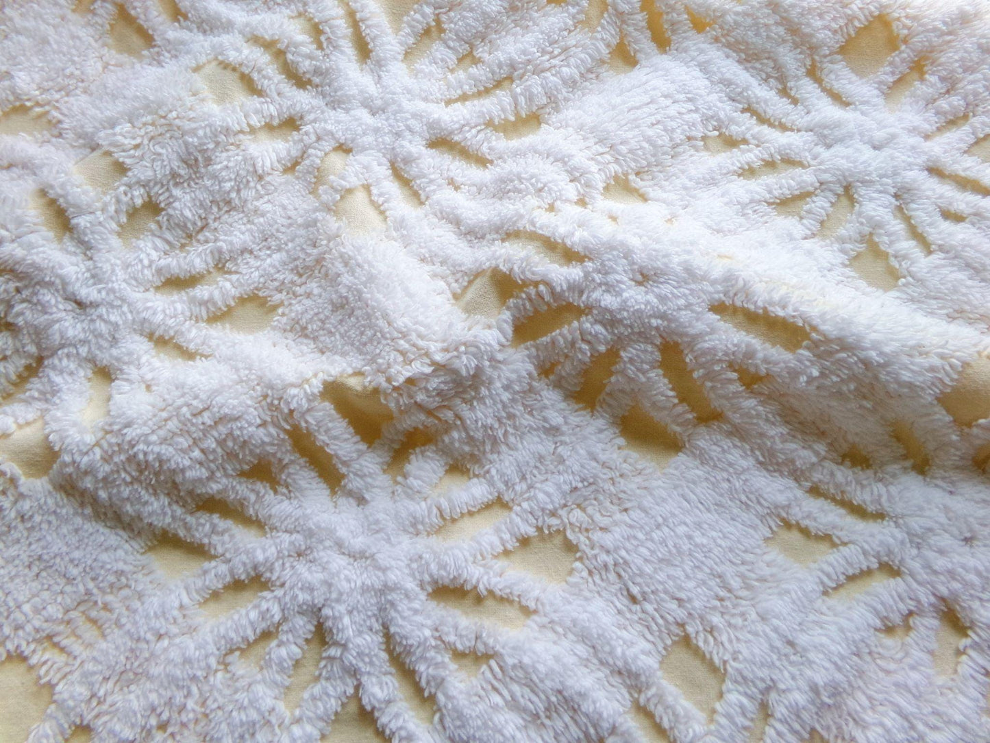 fluffy white & buttercup yellow vintage chenille fabric, sweetest sewing material, 18" x 25" inch piece for pillows, quilts, fiber arts