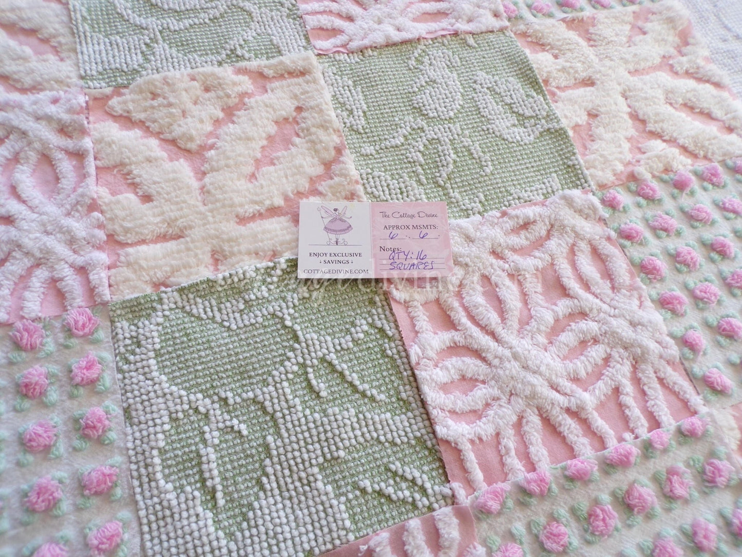vintage 6" chenille fabric squares, set of 16 quilt blocks in rose bloom pink, sage green & white geometric and floral prints
