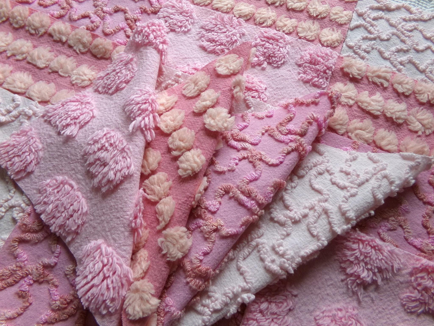 perky pinks chenille fabric squares, 16 vintage 6" quilt blocks in pops & squiggle texture, for sewing, crafts, fiber arts