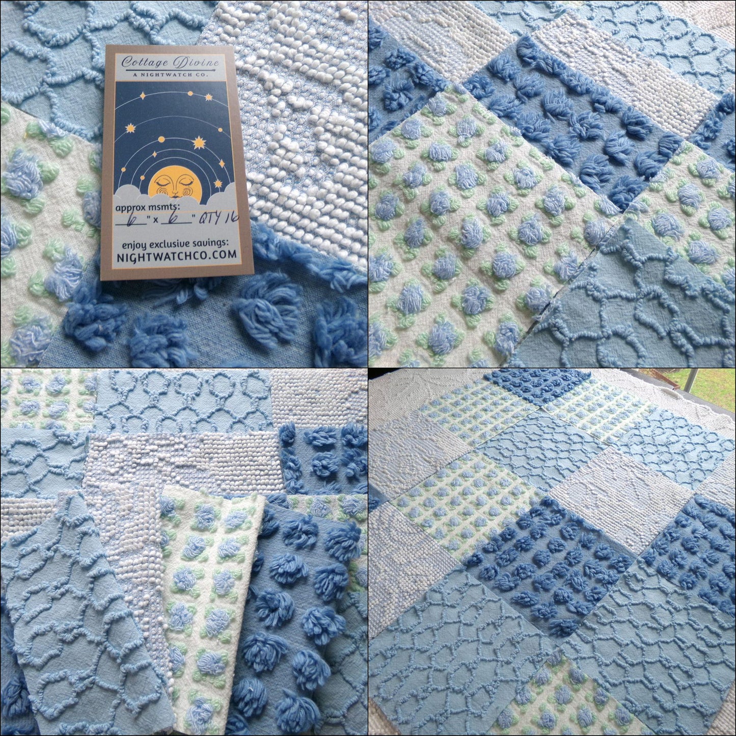 magical moonglow chenille fabric squares, 16 vintage 6" quilt blocks in blue & white, for sewing, crafts, fiber arts