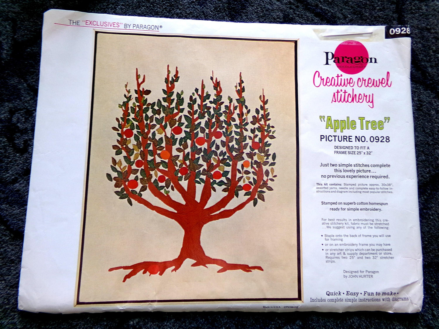 APPLE TREE Stitchery Kit Rare Vintage Paragon Creative Crewel Embroidery Hippie Wall Hanging Design #0928, by John Hurter