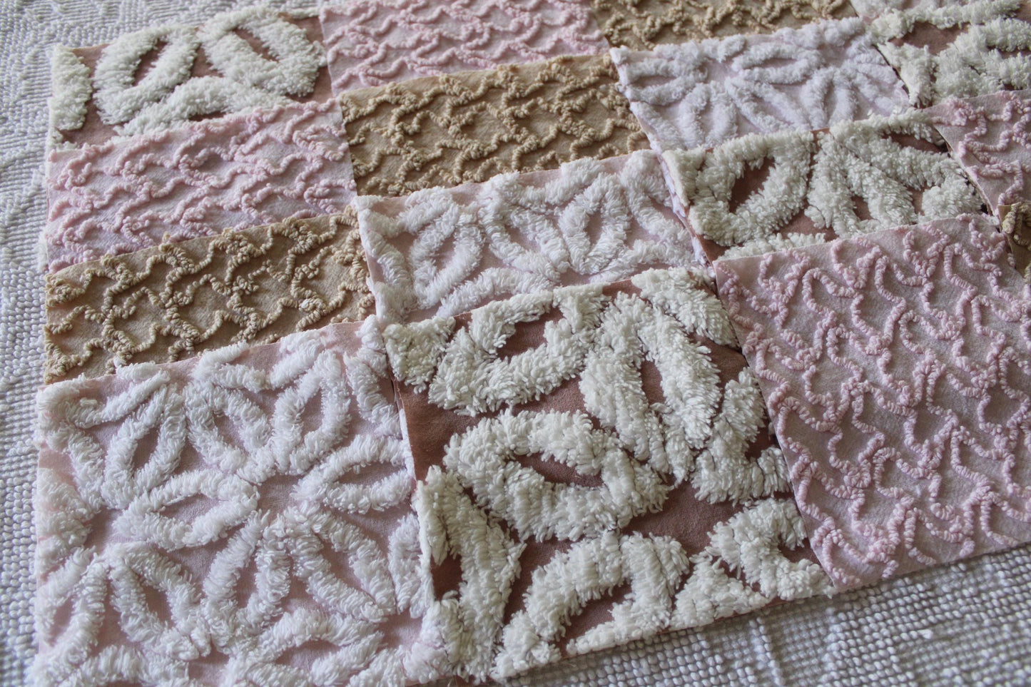modern mocha pinks chenille fabric squares, set of 16 vintage quilt blocks 6" inches ea, daisy & squiggle texture