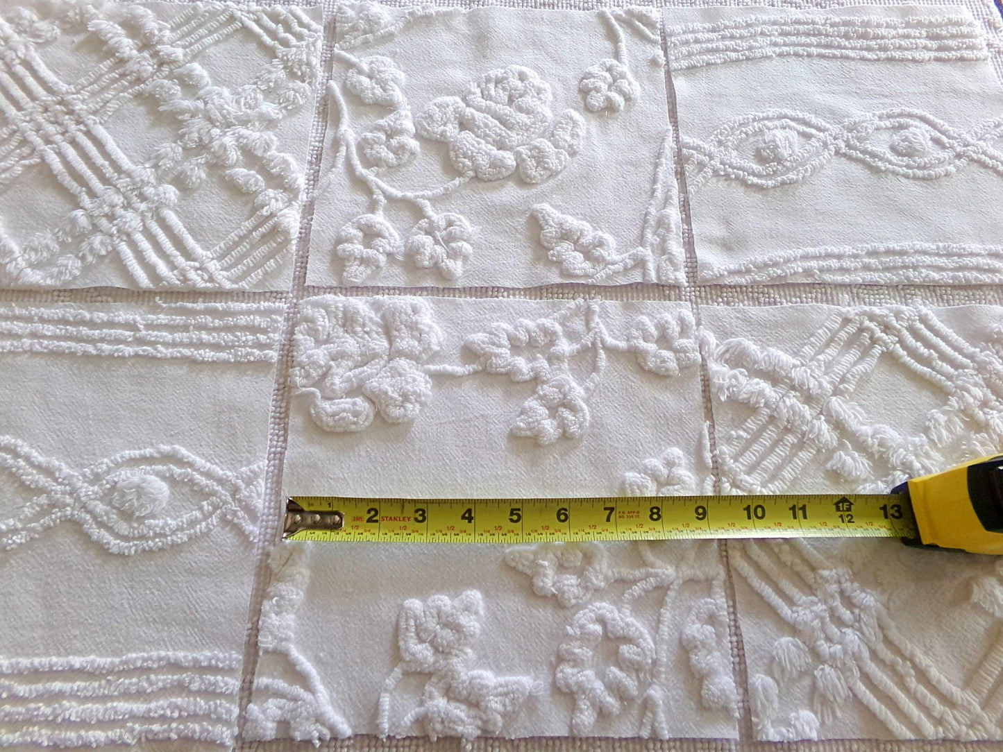 rambling rose vintage chenille fabric squares, set of 6 large 9.5" white quilt blocks, floral & geometric prints for sewing, quilting